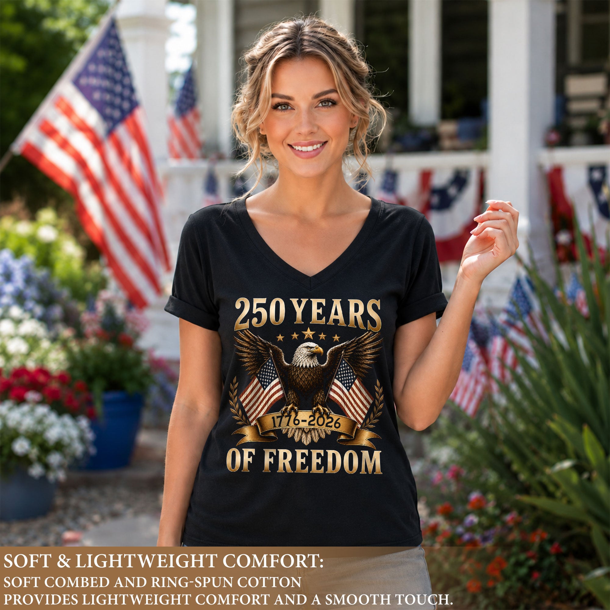 Women V Neck 250 Years of Freedom Shirt 1776 2026 Gold Eagle Patriotic US Flag Tee