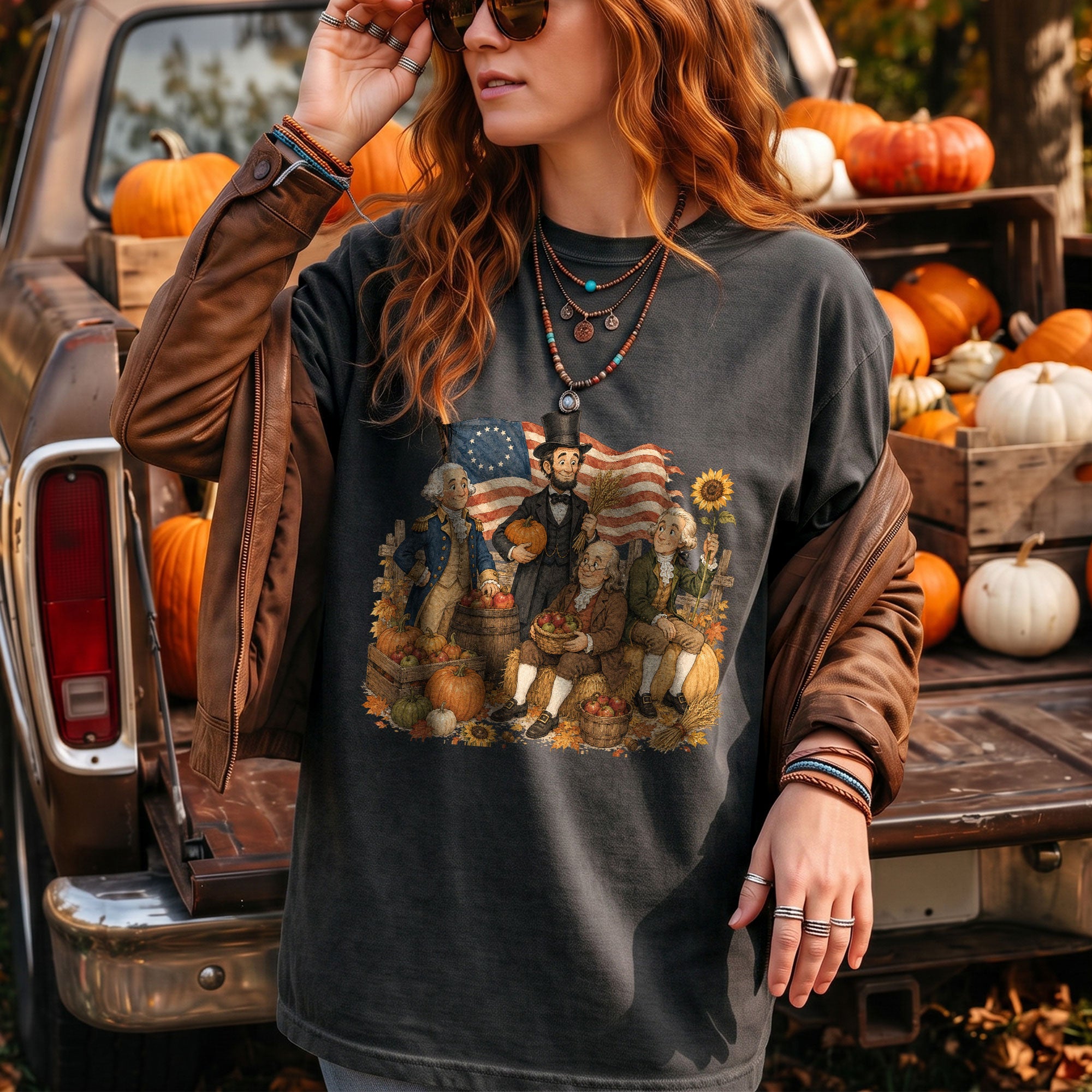 Historical Figures Fall T-Shirt Patriotic Autumn Graphic Tee for Thanksgiving Lovers