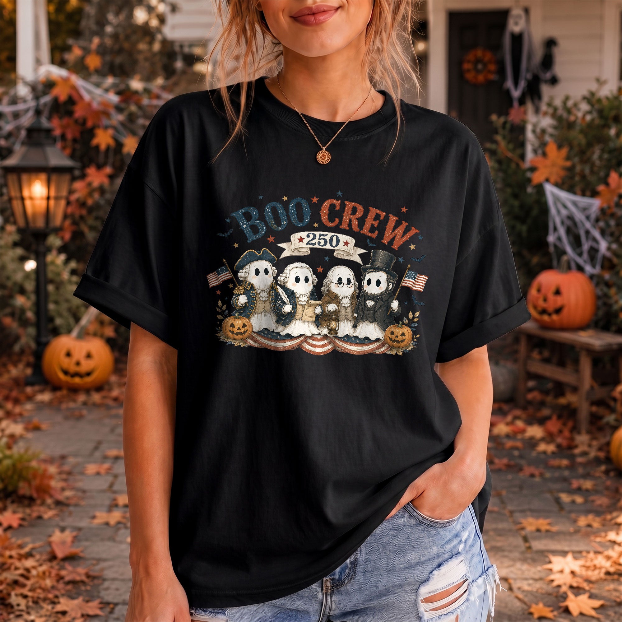 Boo Crew Halloween Shirt Patriotic Founding Fathers Ghosts US Flag Historical Tee