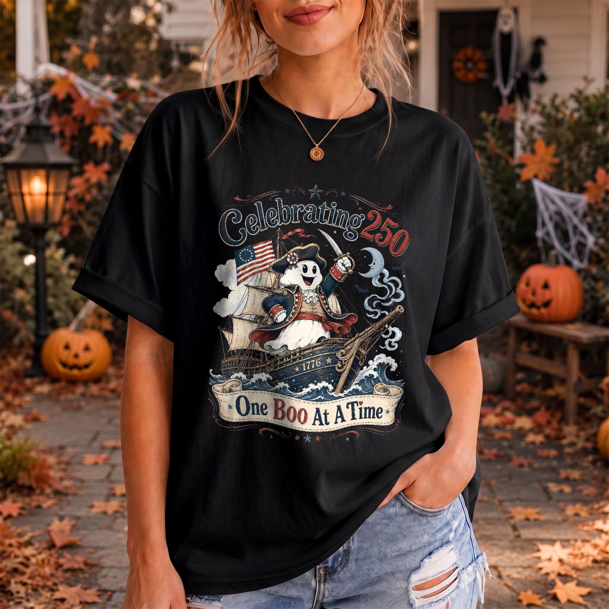 One Boo At A Time Shirt Celebrating 250 Ghost Captain Ship Patriotic Halloween Tee