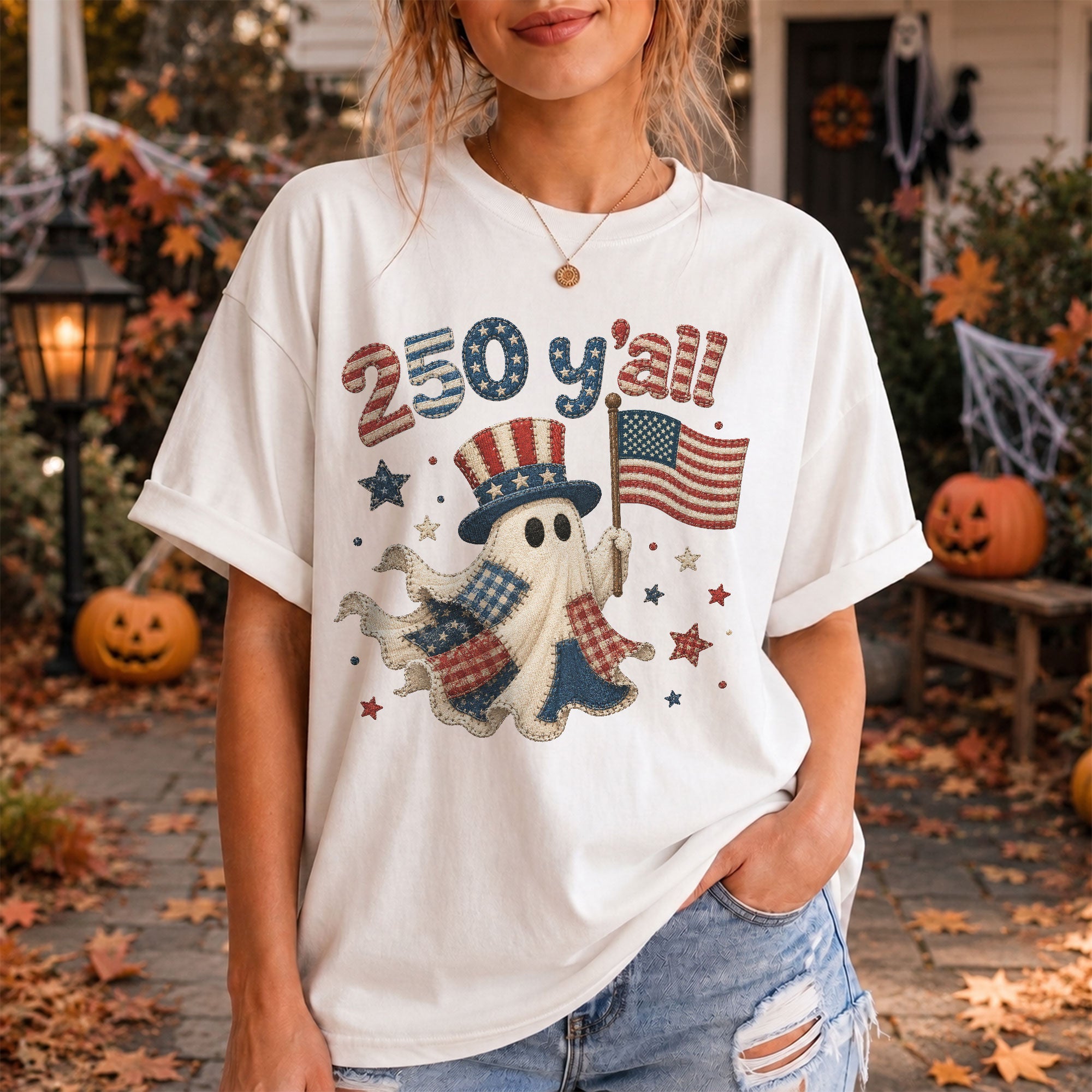 250 Y'all Shirt Patriotic Halloween Ghost Uncle Sam Hat American Flag Graphic Tee