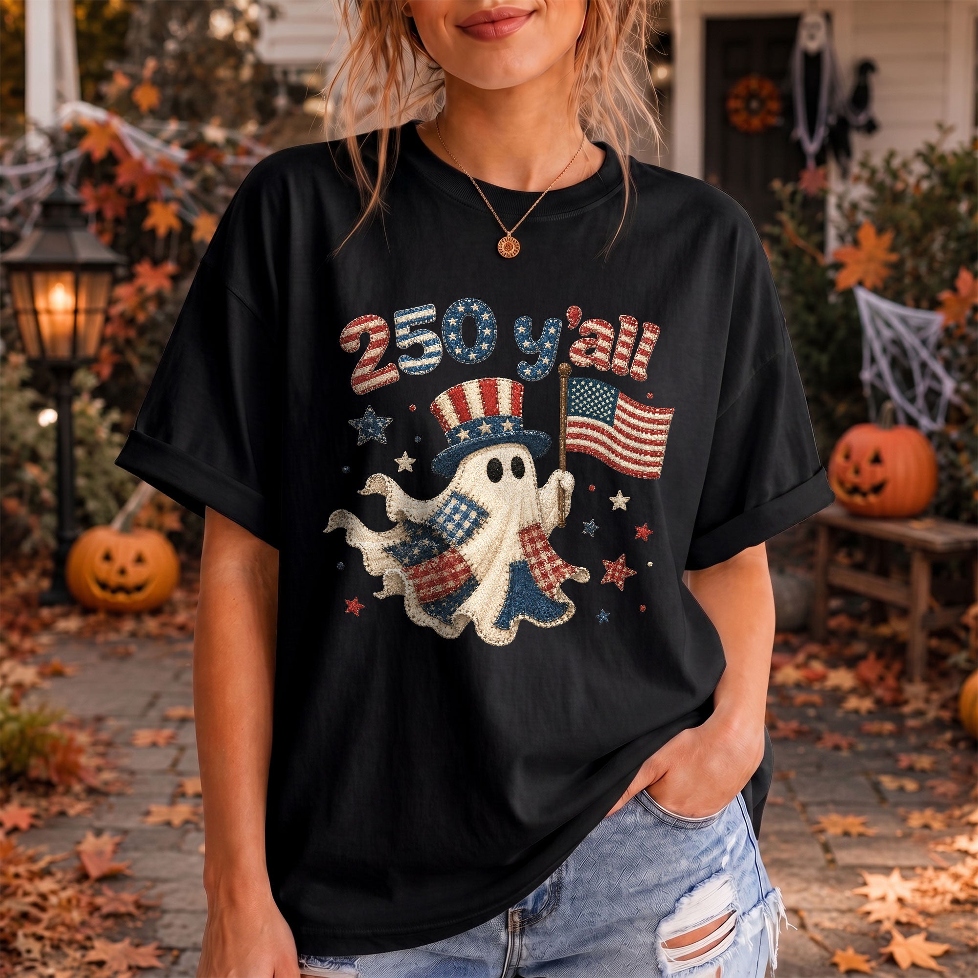 250 Y'all Shirt Patriotic Halloween Ghost Uncle Sam Hat American Flag Graphic Tee