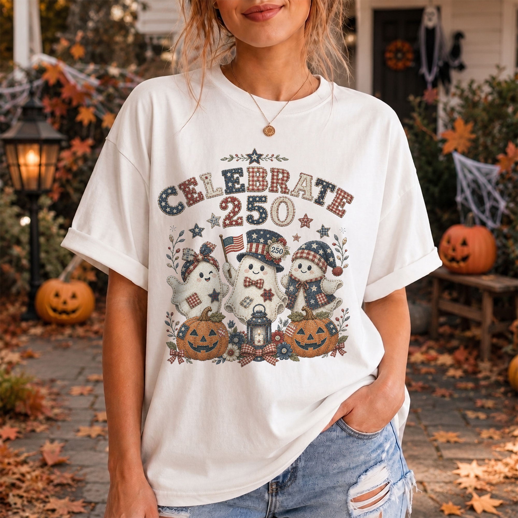 Celebrate 250 Shirt Patriotic Halloween Ghosts Pumpkin Jack O Lantern Graphic Tee
