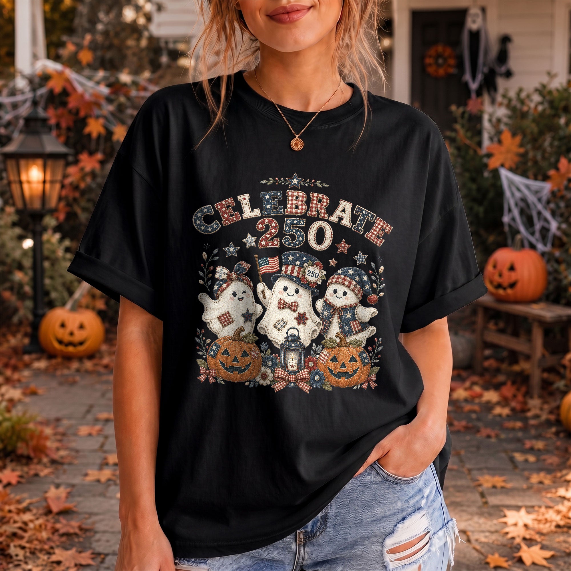 Celebrate 250 Shirt Patriotic Halloween Ghosts Pumpkin Jack O Lantern Graphic Tee
