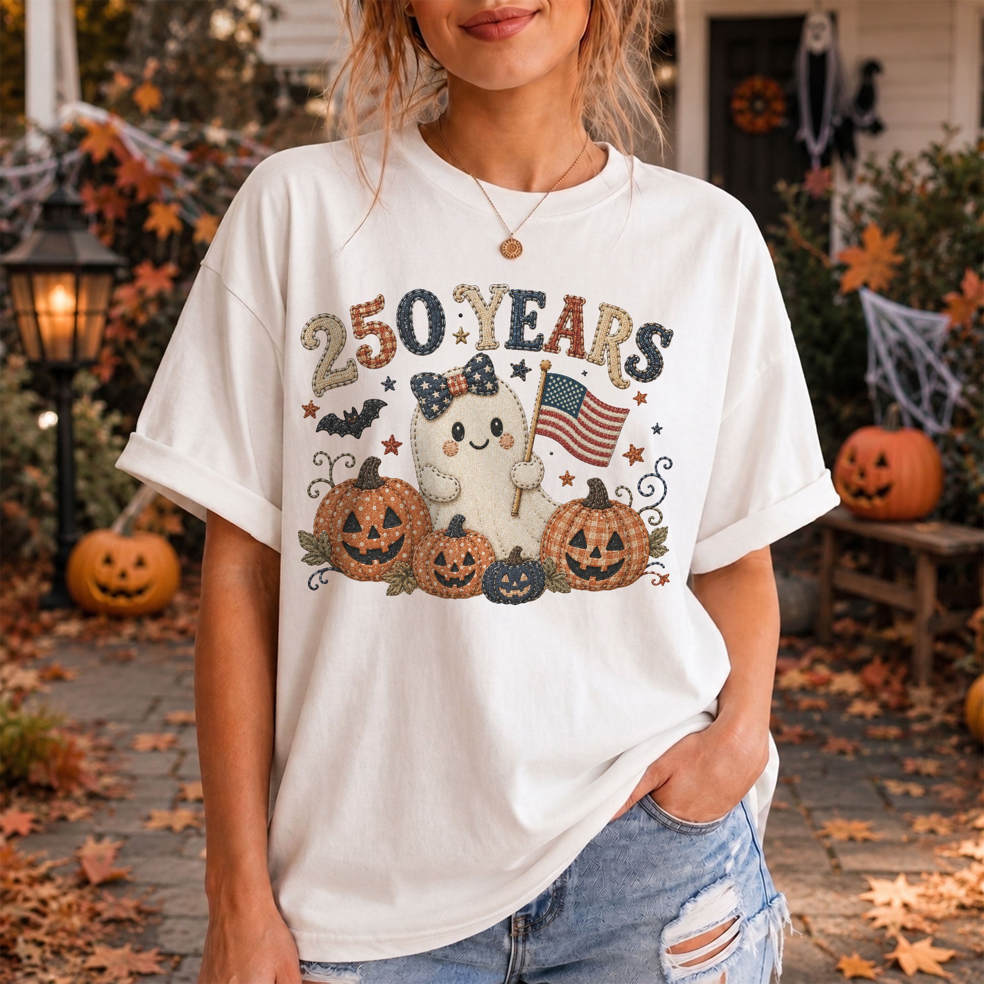 Patriotic Halloween Shirt Patchwork Ghost American Flag Pumpkin Graphic Tee