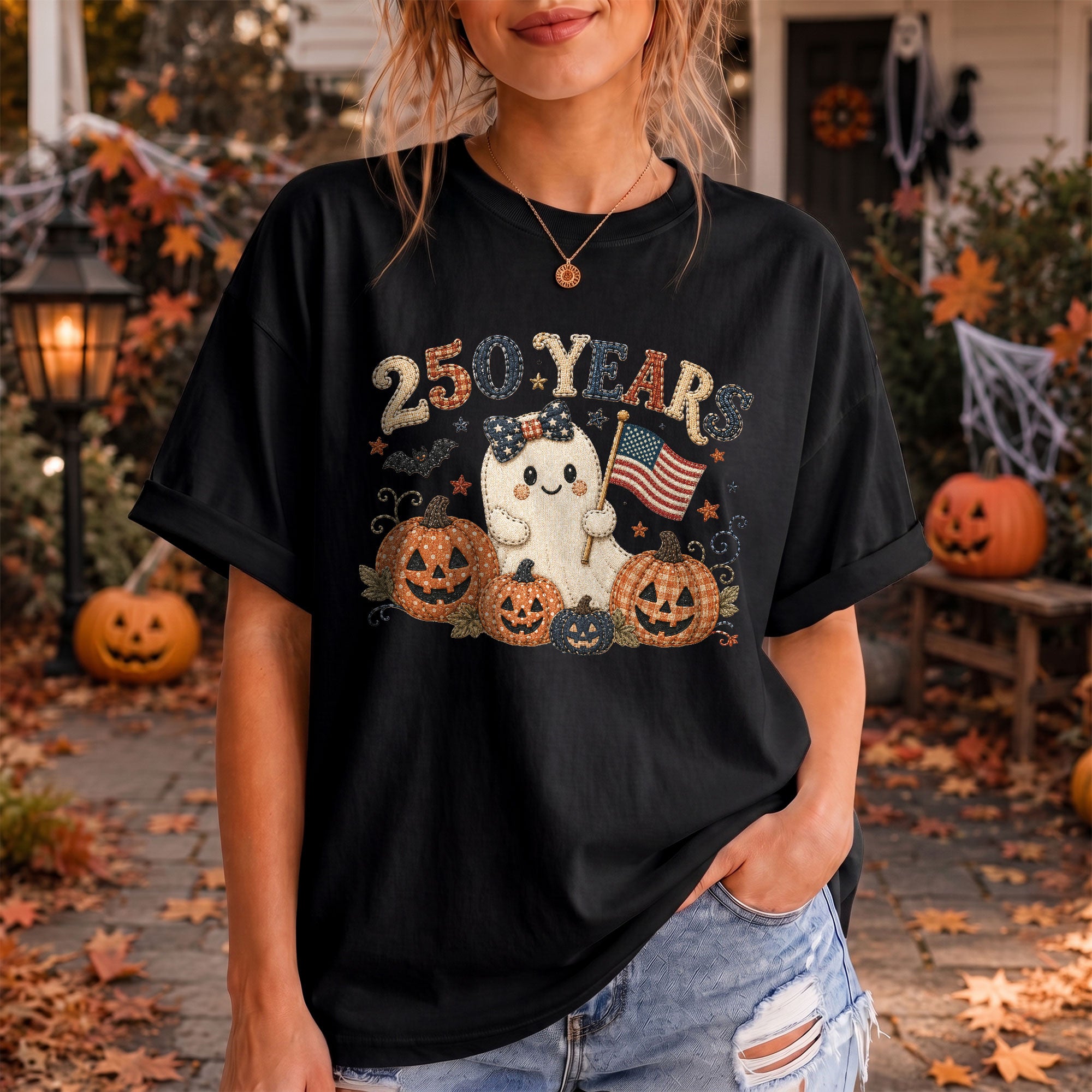 Patriotic Halloween Shirt Patchwork Ghost American Flag Pumpkin Graphic Tee