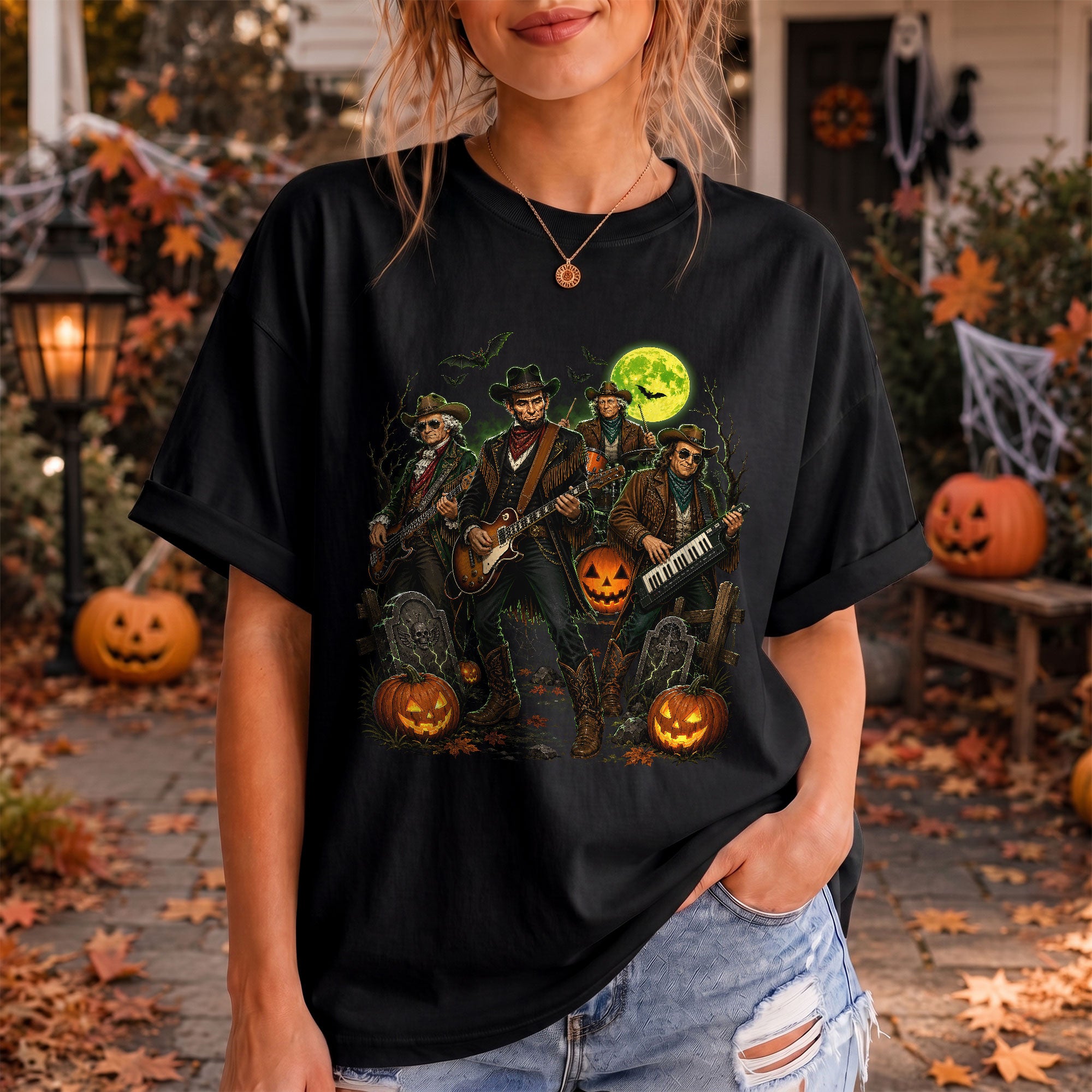 Lincoln Playing Guitar Halloween Shirt Funny Presidents Rock Band Spooky Graphic Tee