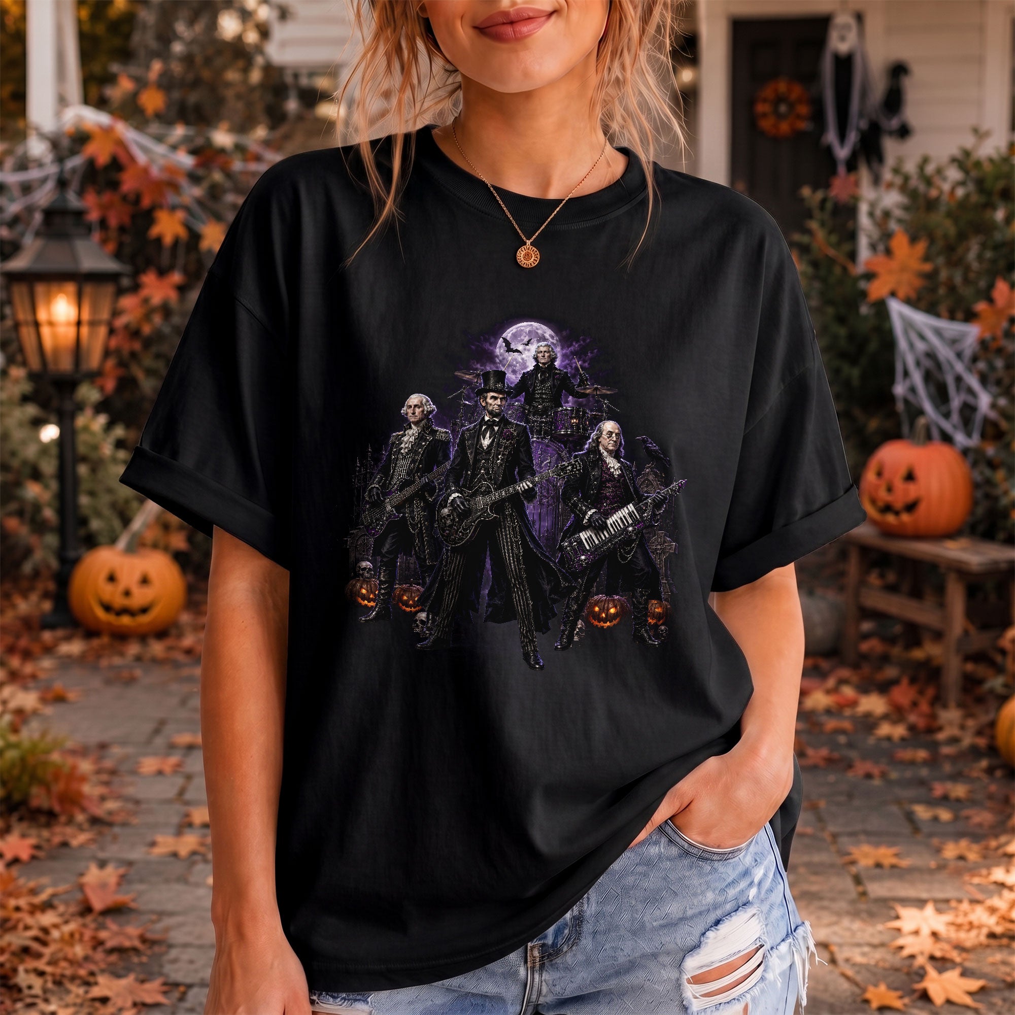Lincoln Playing Guitar Halloween Shirt Funny Presidents Rock Band Goth Graphic Tee