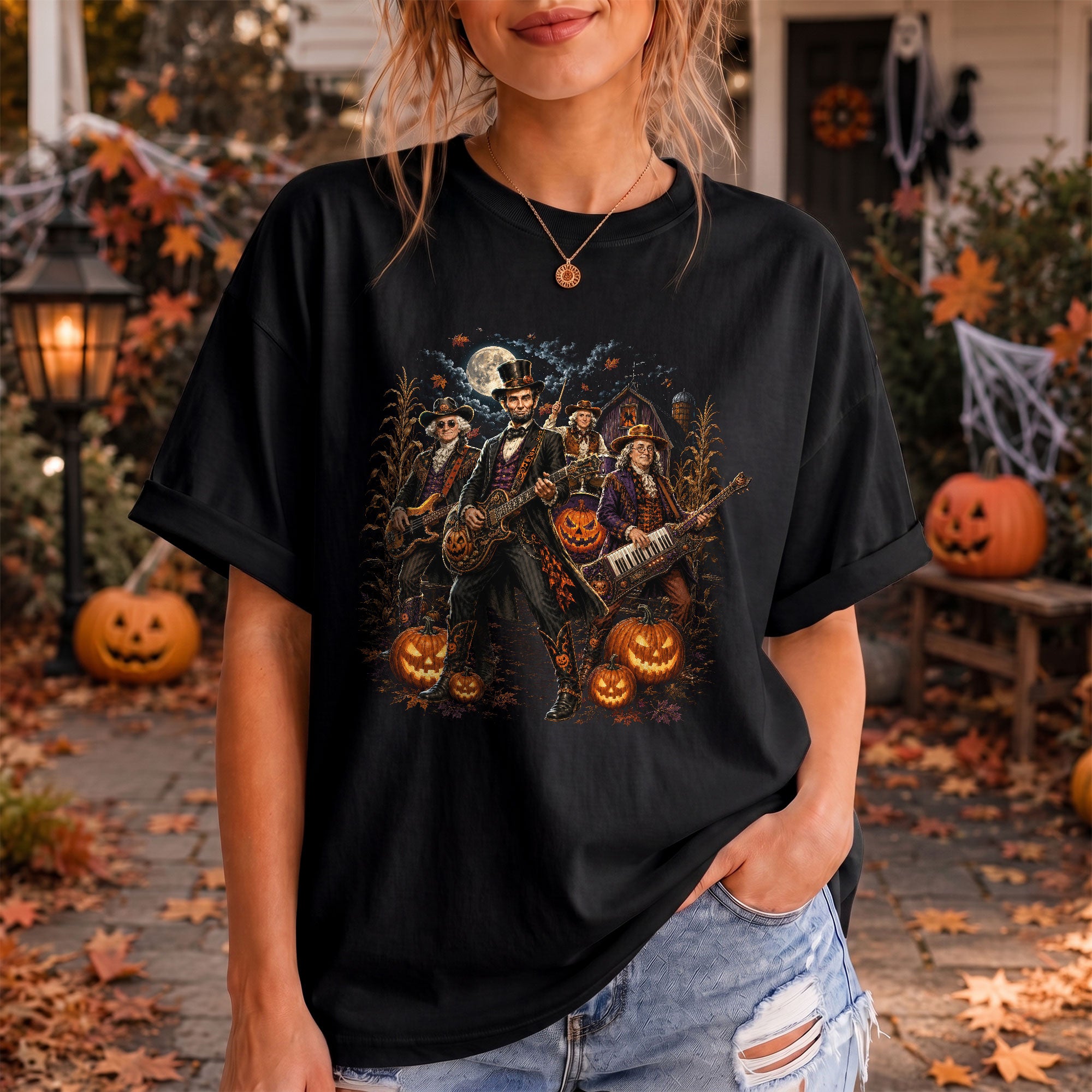 Lincoln Playing Guitar Halloween Shirt Midnight Cemetery Rock Band Vintage Tee