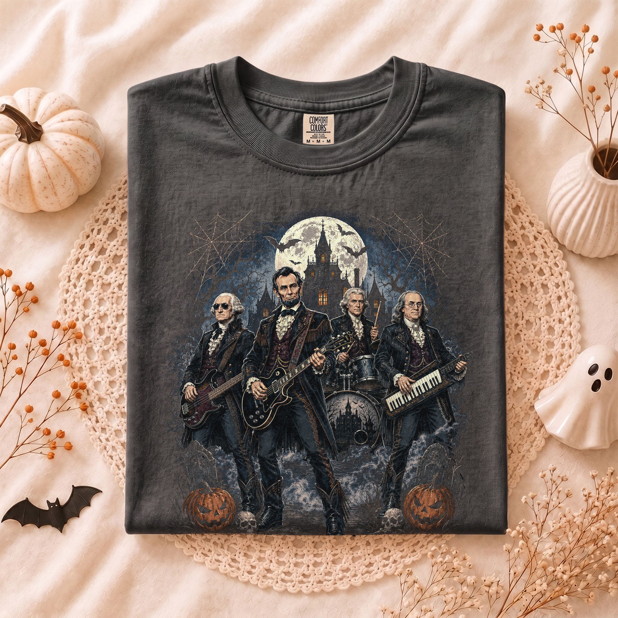 Lincoln Playing Guitar Halloween Shirt Spooky Haunted Mansion Presidential Rock Band Tee