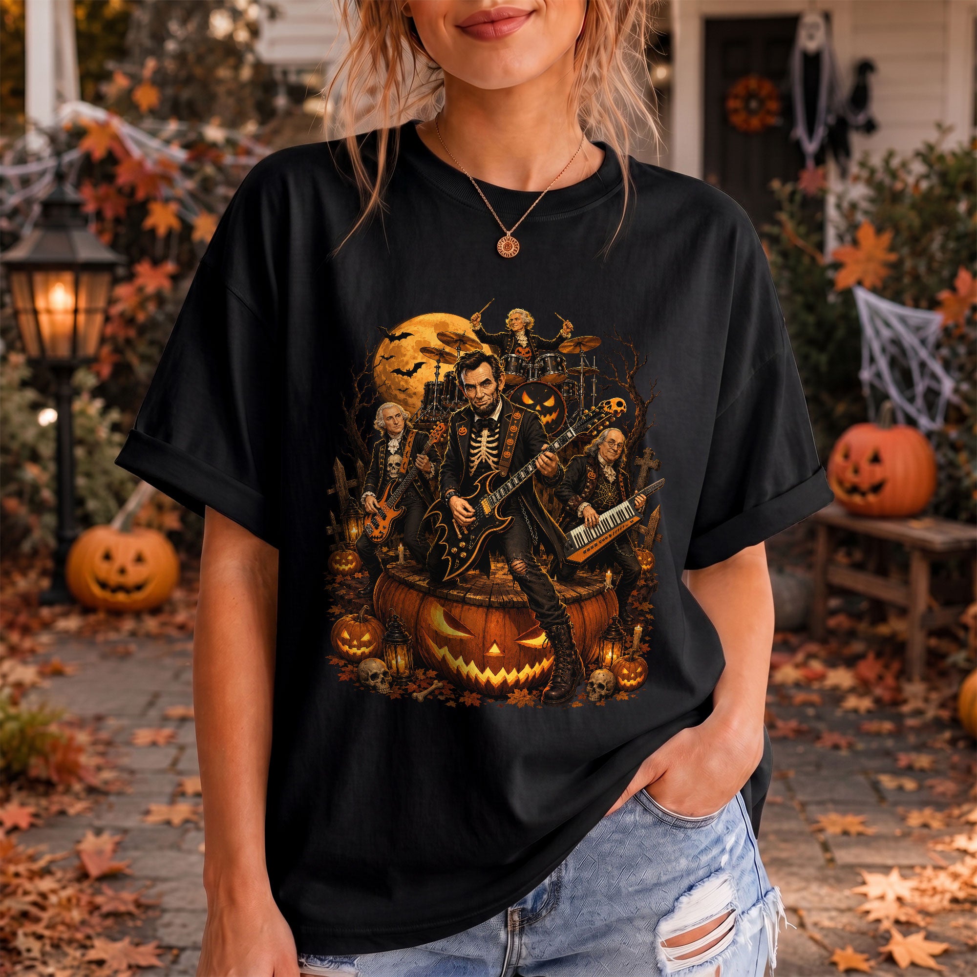 Lincoln Playing Guitar Halloween Shirt Giant Jack O Lantern Stage Skeleton Rock Band Tee