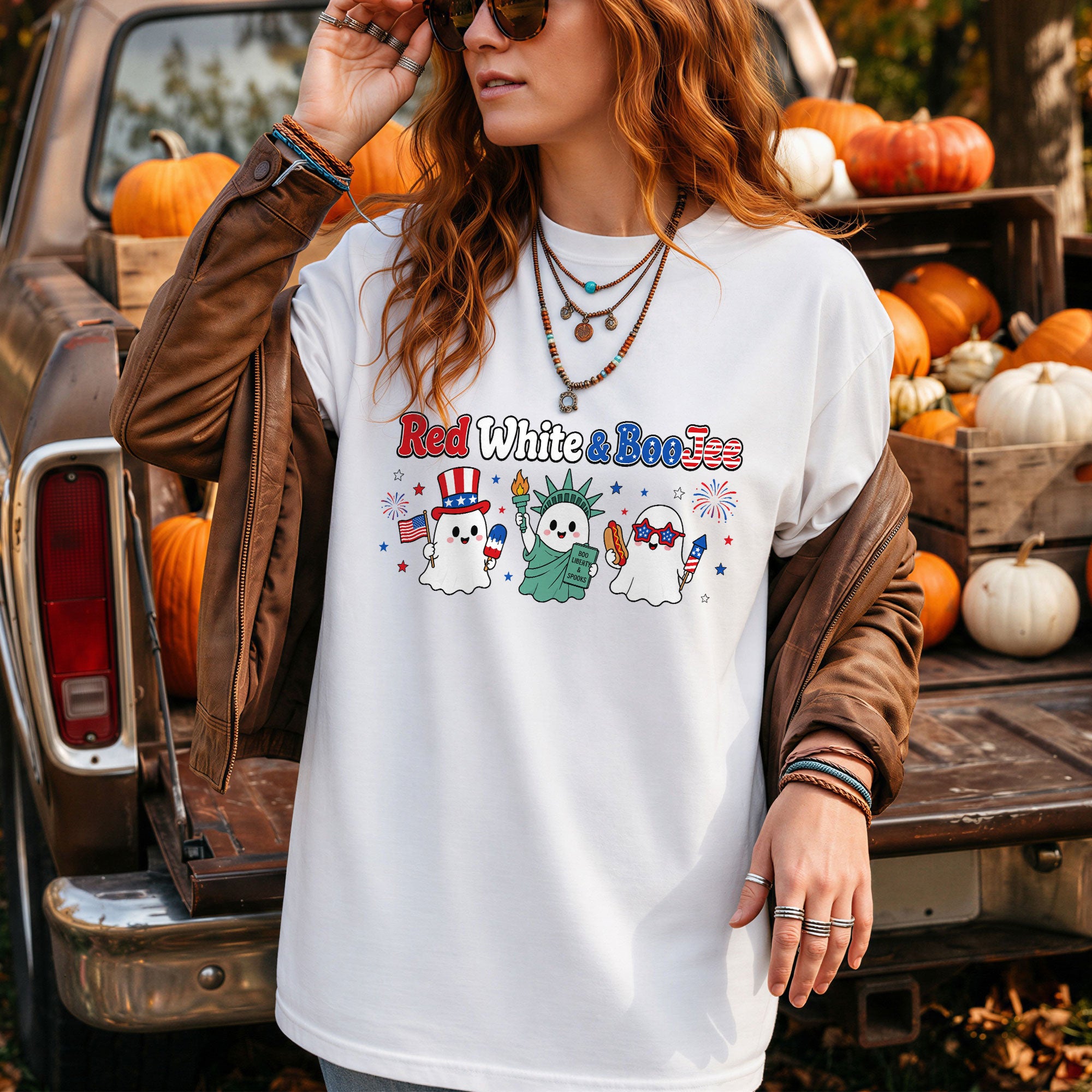 Unique Red White And BooJee Tee Adorable Patriotic Ghost Cartoon Graphic Shirt