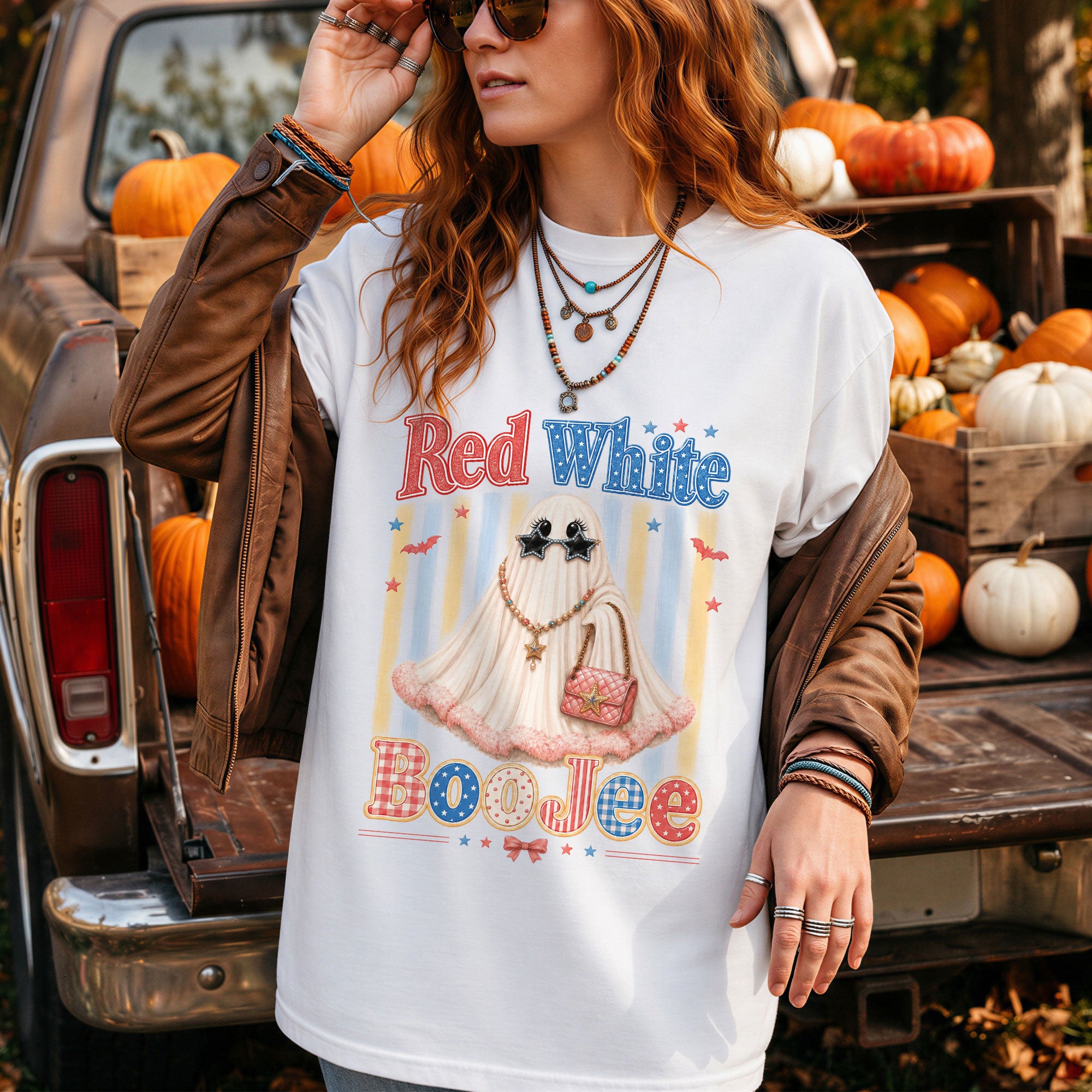 Red White BooJee Ghost Graphic T Shirt Trendy Patriotic Apparel For Unisex Wear