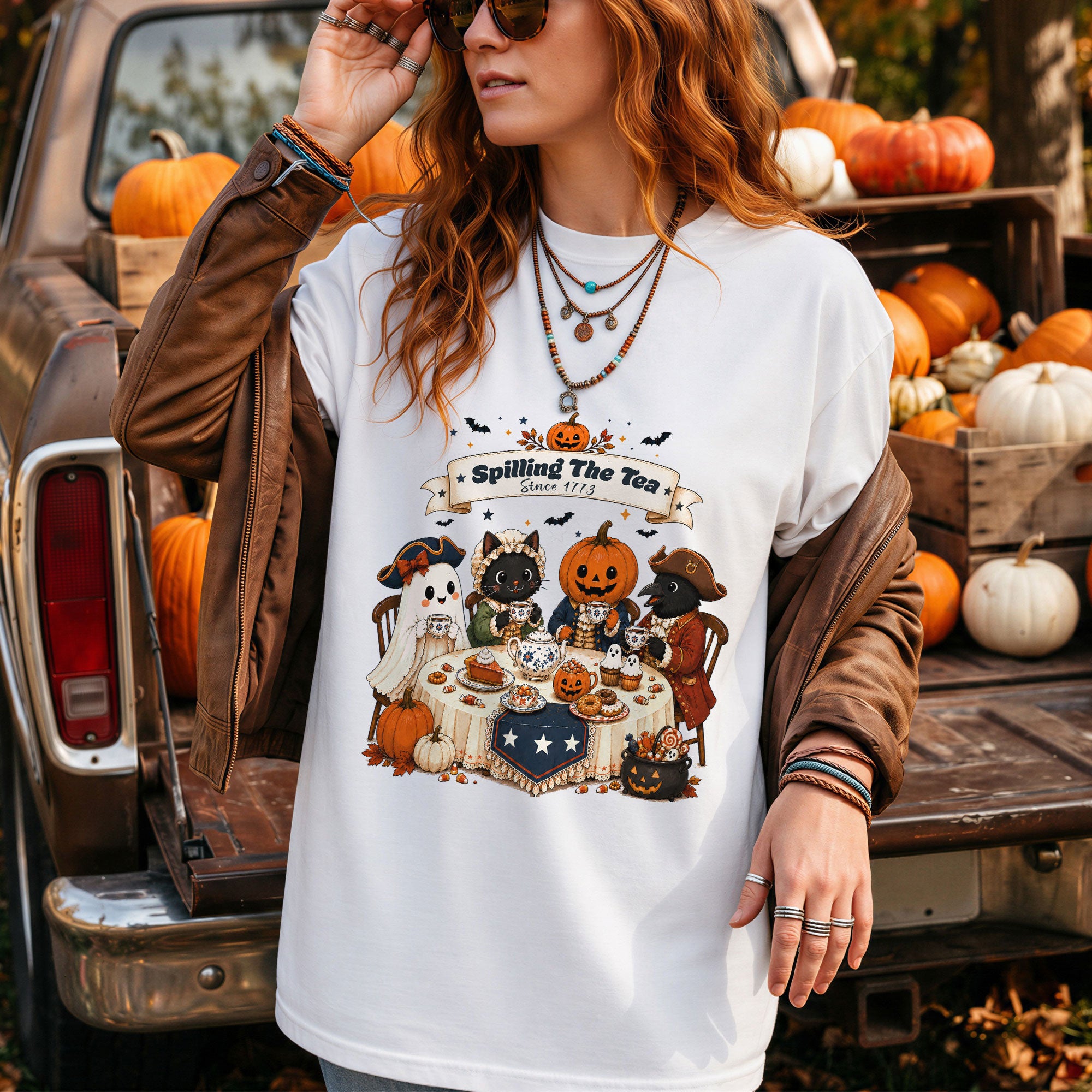 Spilling The Tea Since 1773 Tee Cute Aesthetic Halloween Ghost Cat Pumpkin Fall Shirt