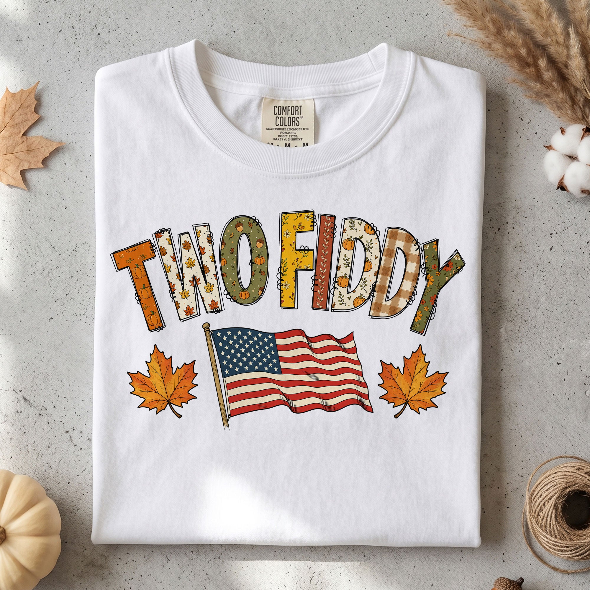 Two Fiddy Shirt Fall Vibes US Flag Maple Leaf Autumn Patriotic Graphic Tee