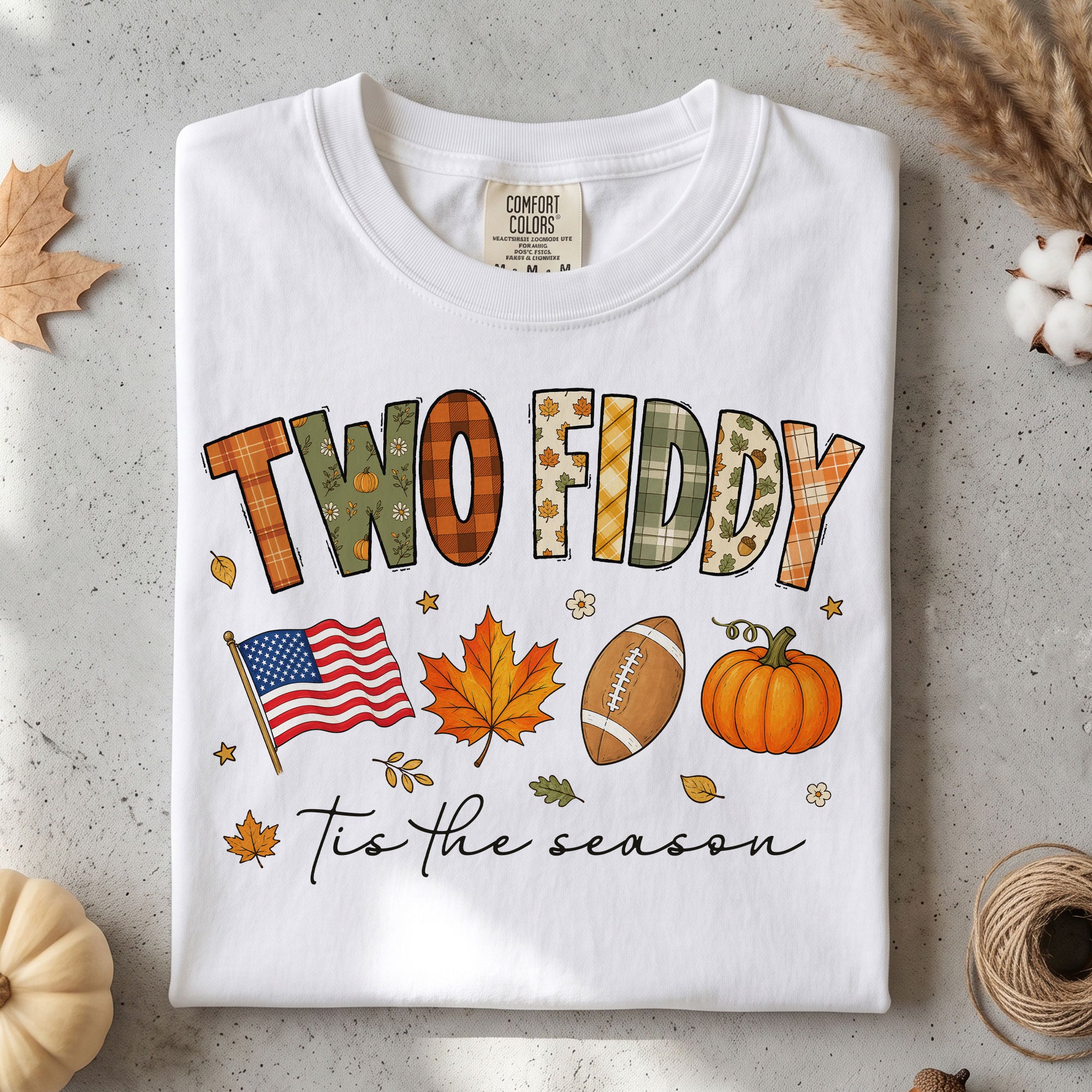 Two Fiddy Tis The Season Shirt Football Pumpkin Fall US Flag Patriotic Tee