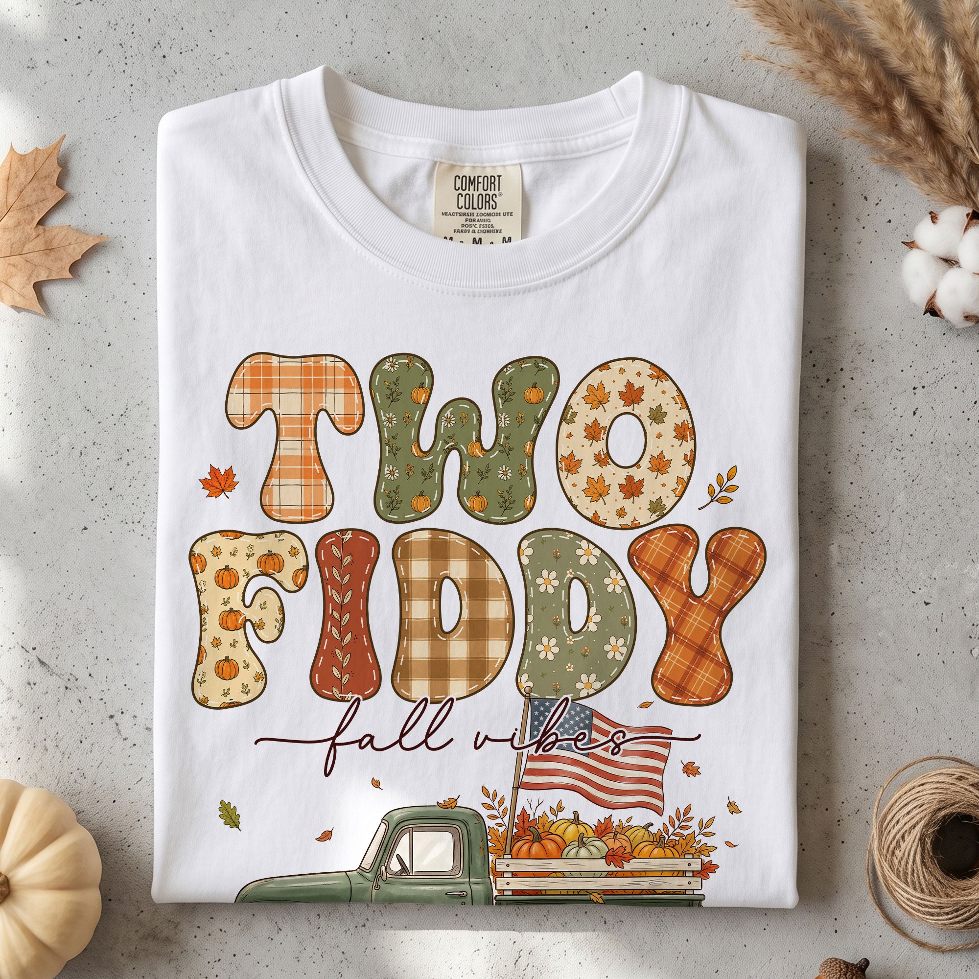 Two Fiddy Fall Vibes Shirt Vintage Pumpkin Truck US Flag Autumn Graphic Tee