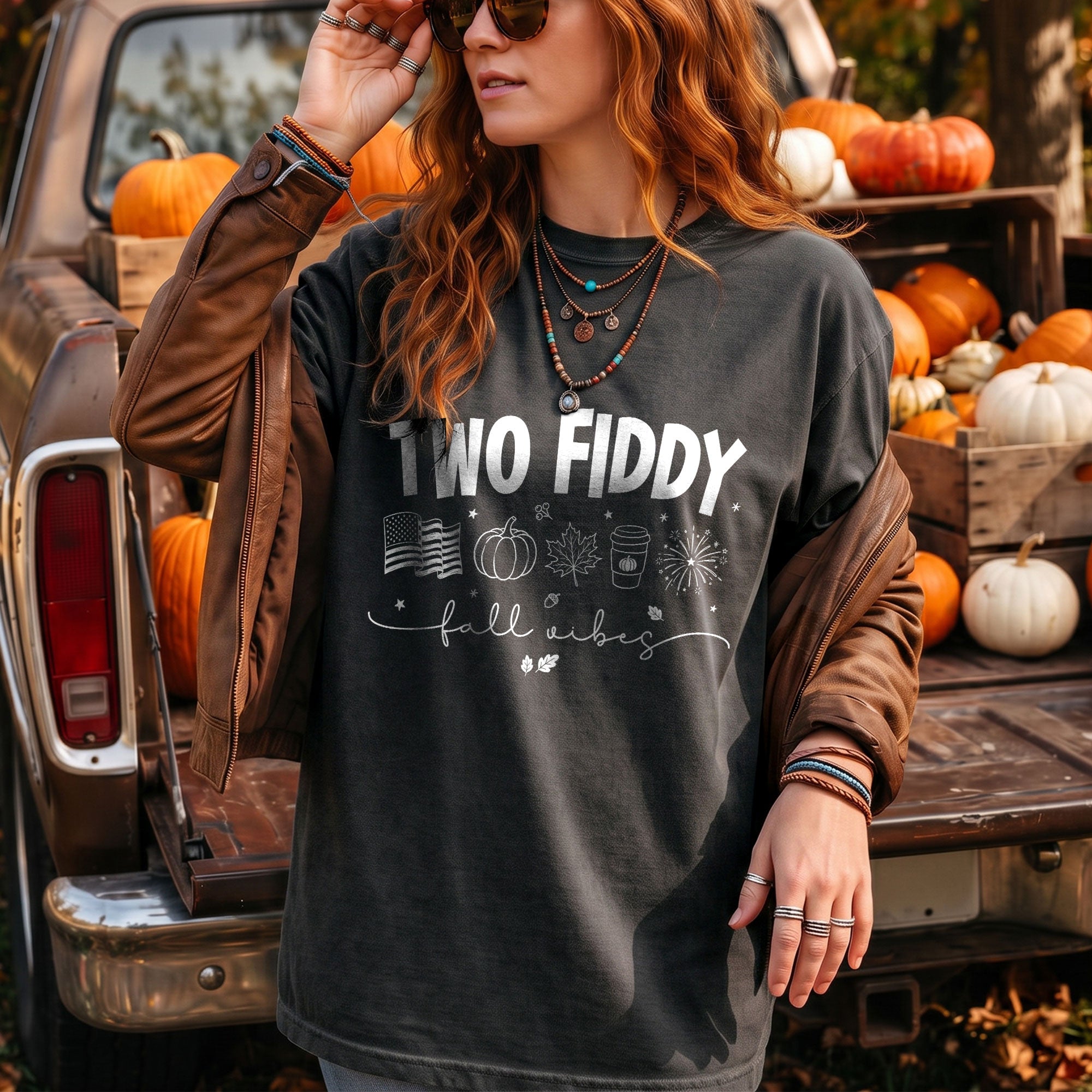 Two Fiddy Fall Shirt Pumpkin Spice Coffee US Flag Fireworks Autumn Graphic