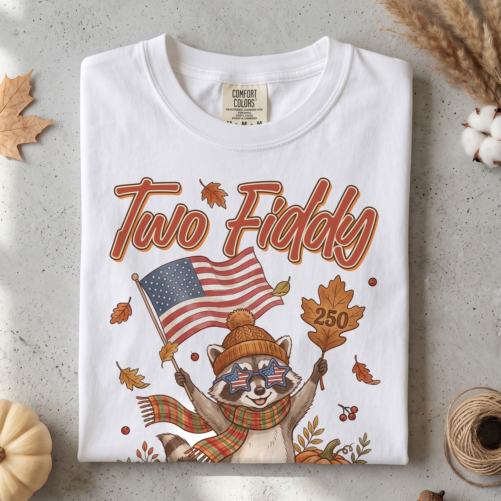 Two Fiddy Fall Vibes Shirt Cute Raccoon Pumpkin US Flag Autumn Graphic Tee