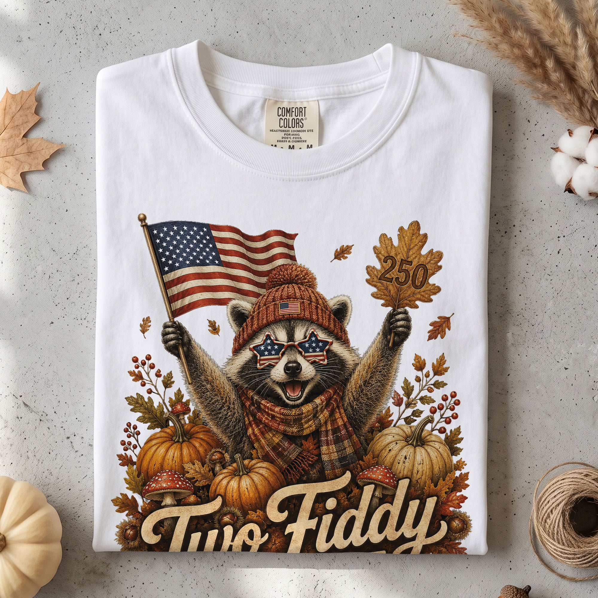 Patriotic Fall Shirt Two Fiddy Retro Raccoon Pumpkin US Flag Autumn Graphic Tee
