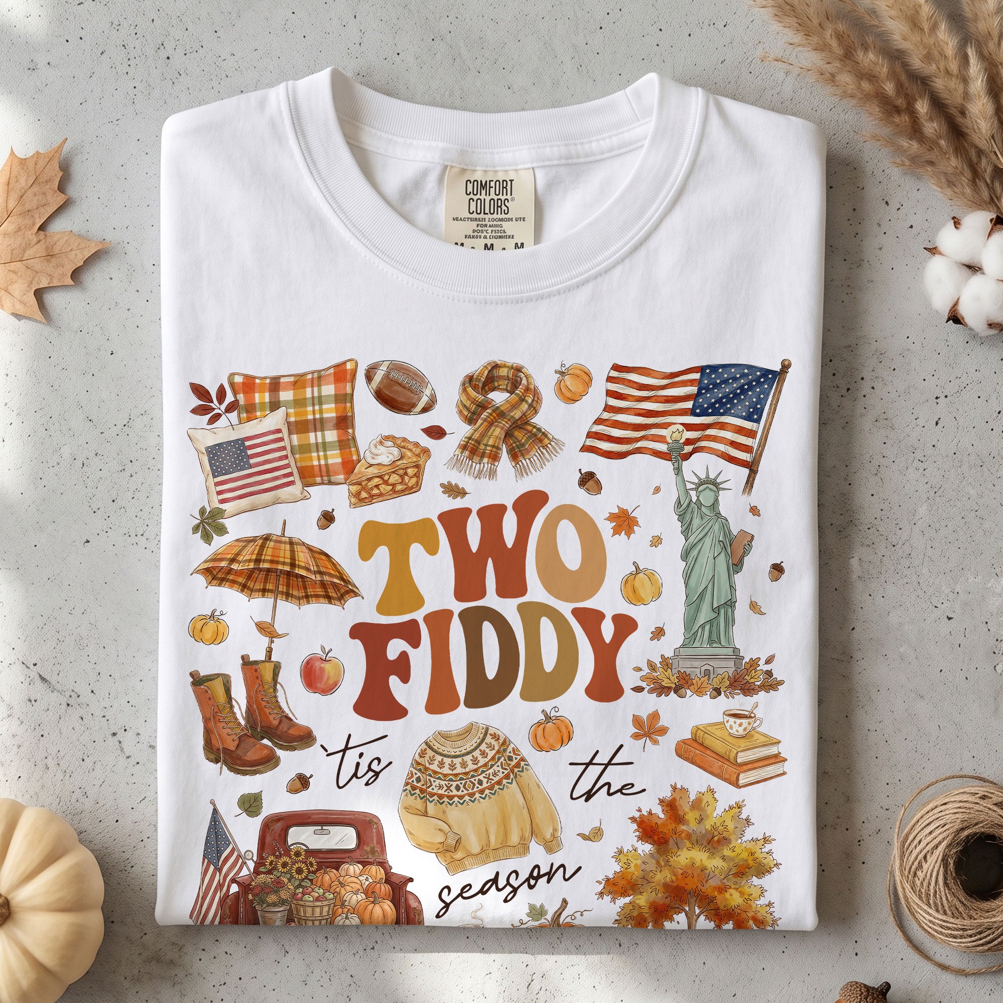 Two Fiddy Tis The Season Shirt Fall Doodle Pumpkin Statue of Liberty US Flag Tee