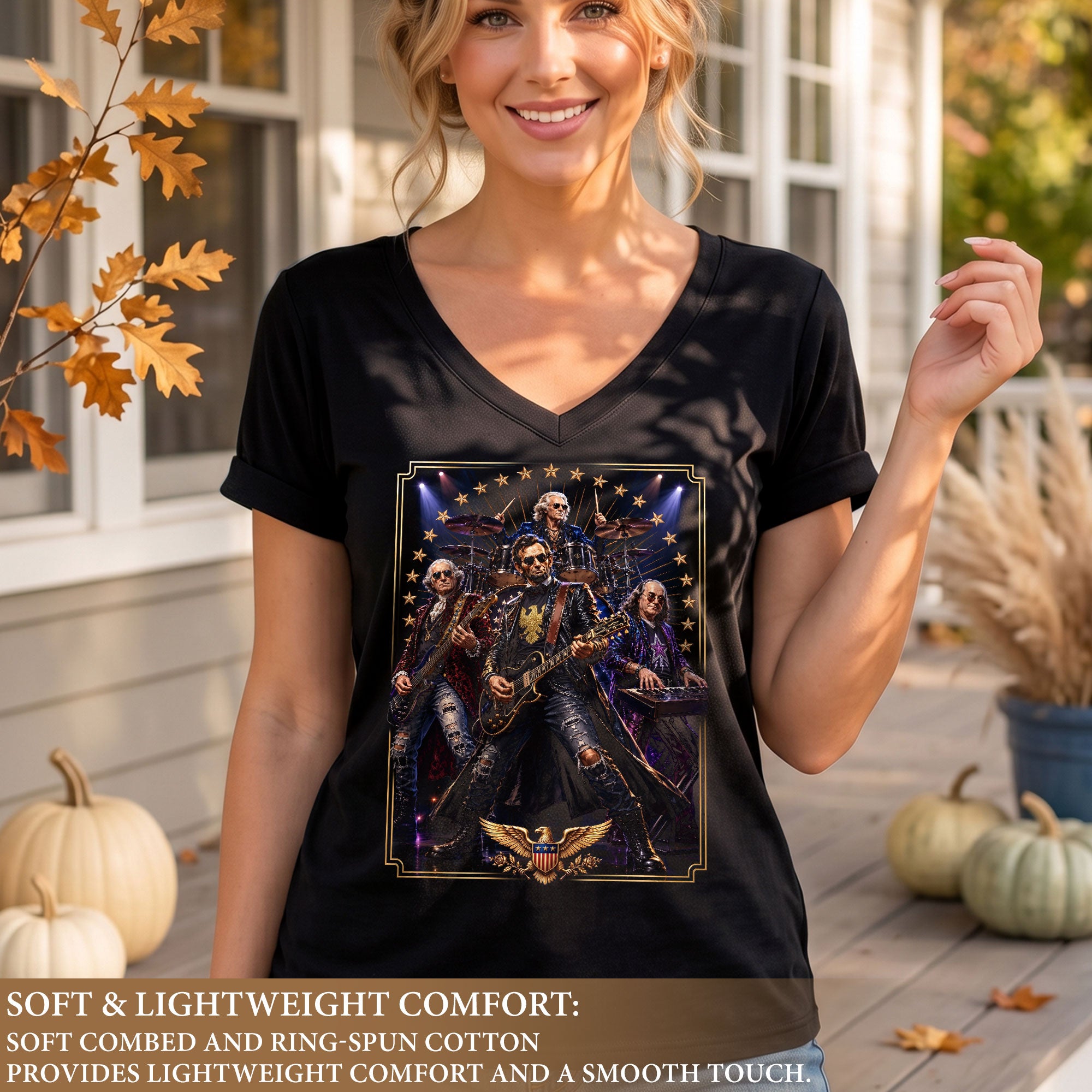 Presidential Rock Band V-Neck Graphic T Shirt Patriotic Vintage Women's Casual Top
