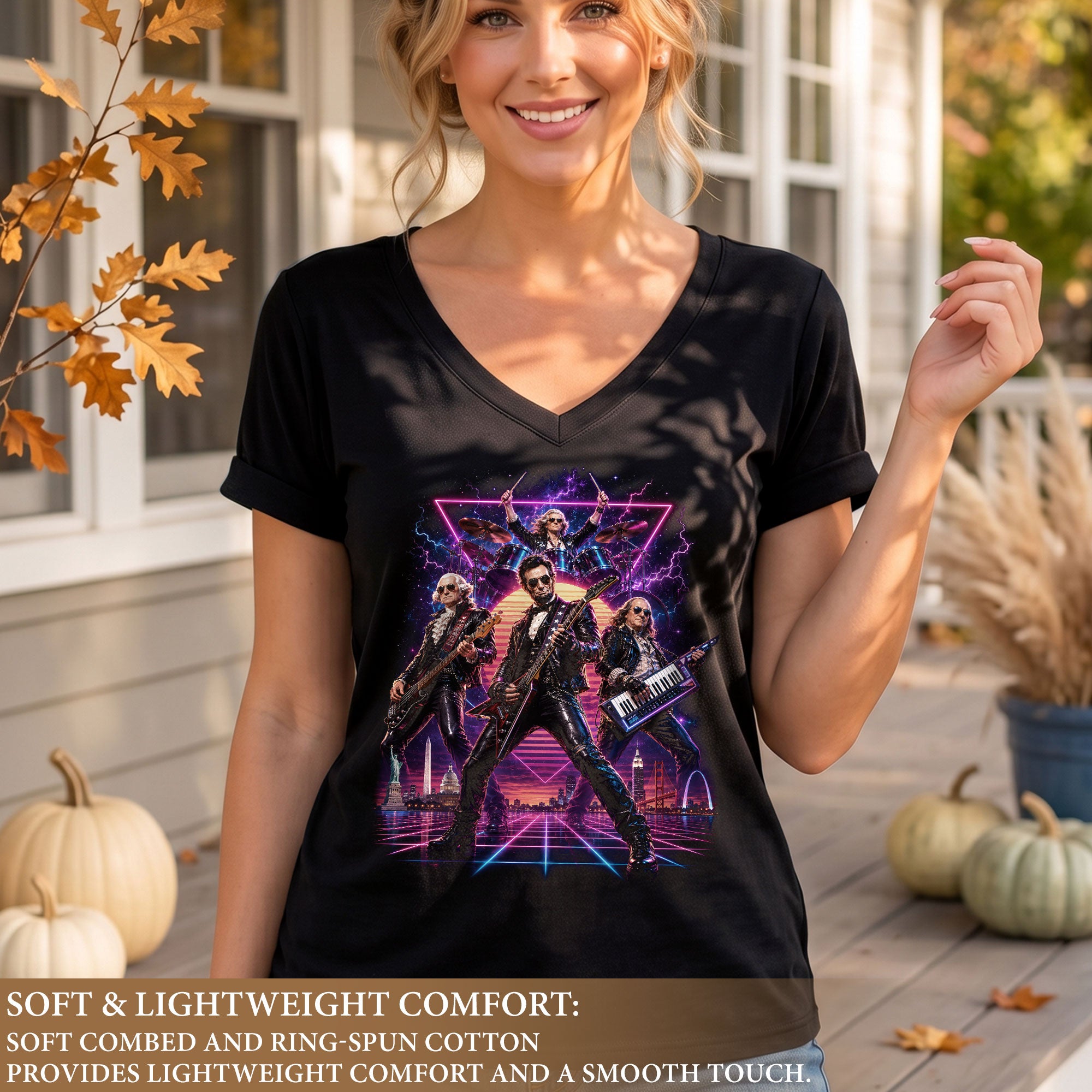 Presidential Rockers Synthwave V-Neck Graphic Shirt Patriotic Women's Casual Tee