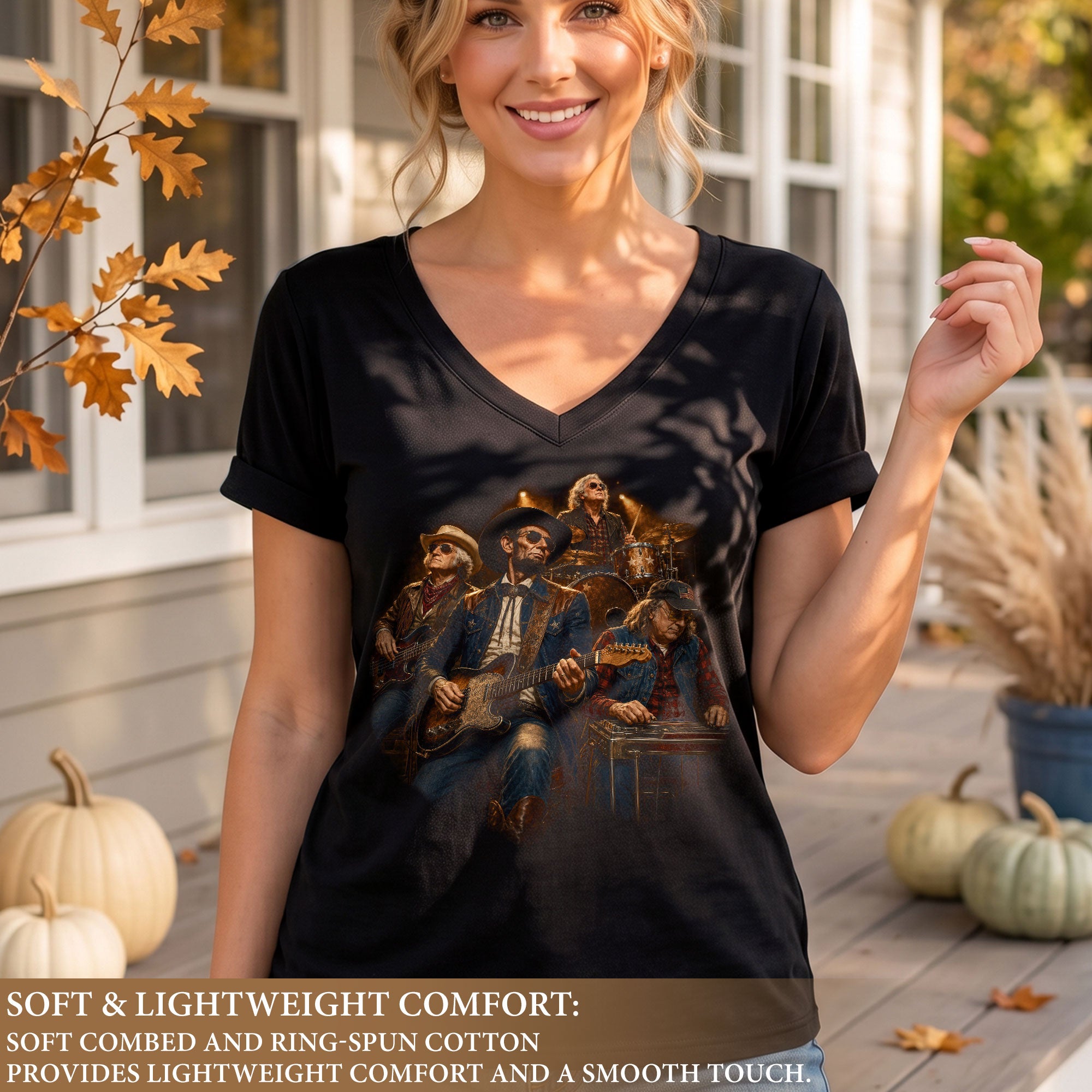 Presidential Country Band V-Neck Graphic T Shirt Patriotic Women's Casual Fashion Top