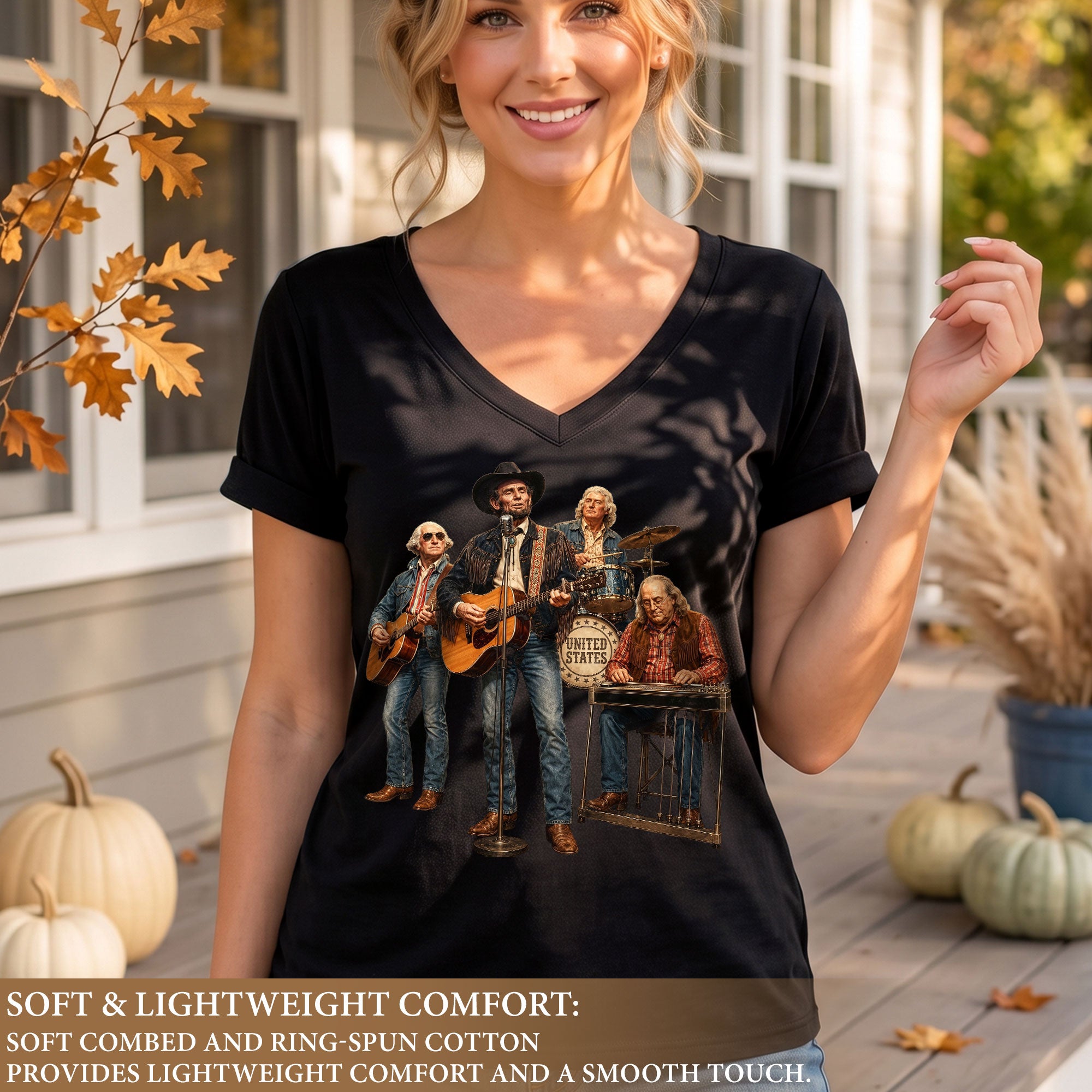 Presidential Country Music Band V-Neck Graphic Shirt Patriotic Women's Apparel Top