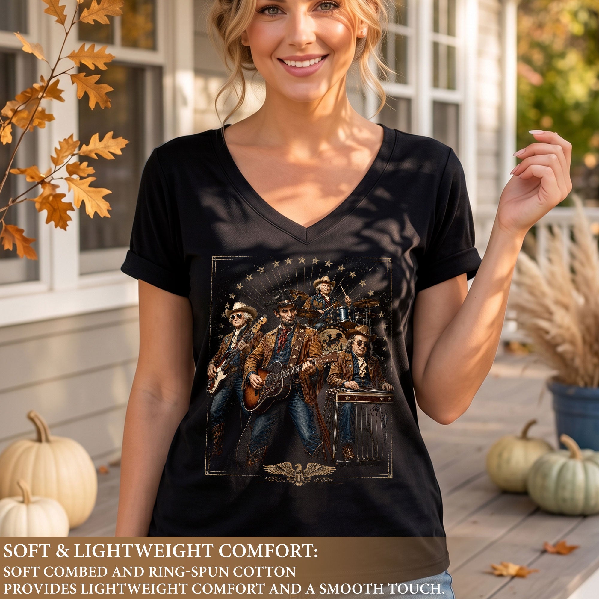 Vintage Historical Country Rockers V-Neck Tee Patriotic Style Women's Casual Shirt
