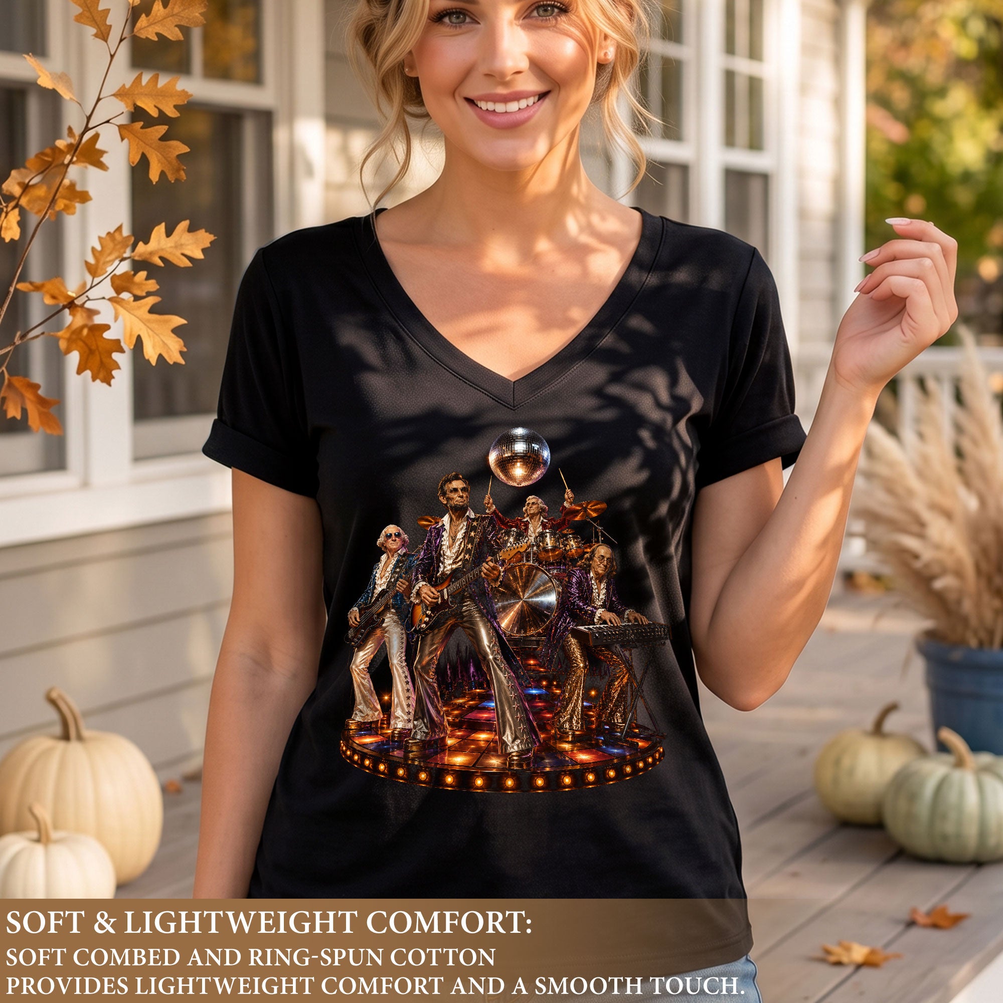 Unique Presidential Disco Music V-Neck Graphic T-Shirt Patriotic Women's Casual Wear