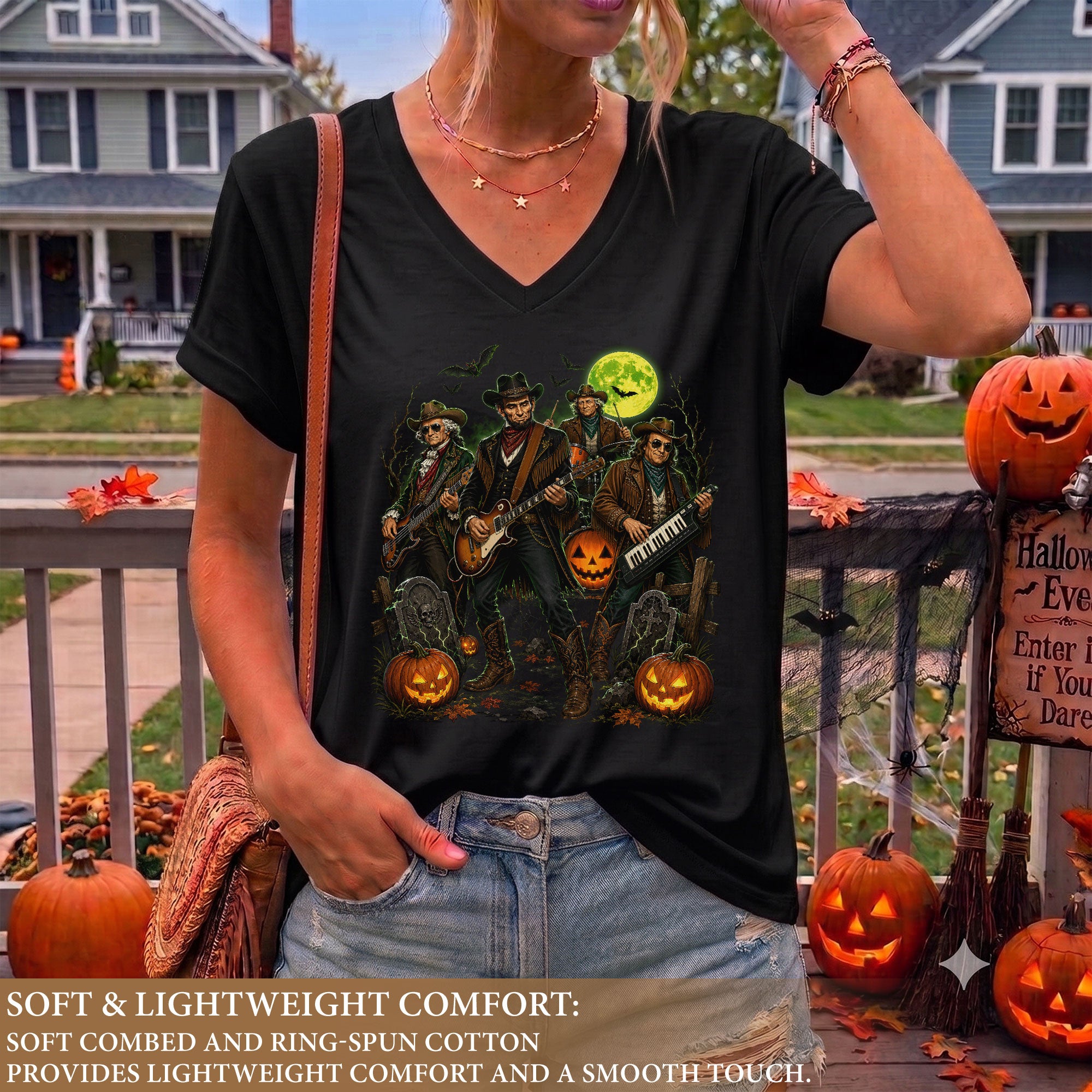 Halloween Lincoln Playing Guitar V-Neck Shirt Women Spooky Historical Rock Band Tee