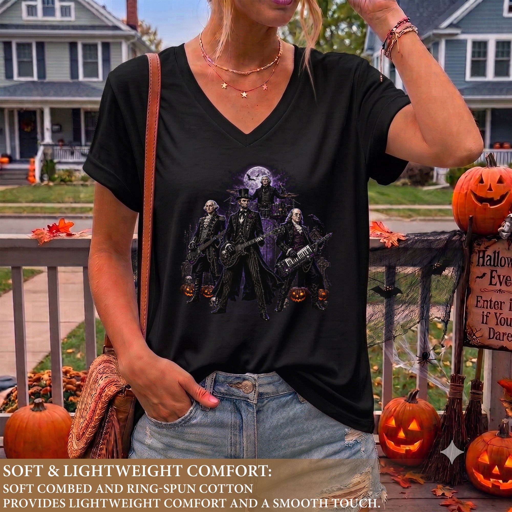 Founding Fathers Rock Band Halloween V-Neck Shirt Women Lincoln Playing Guitar Tee