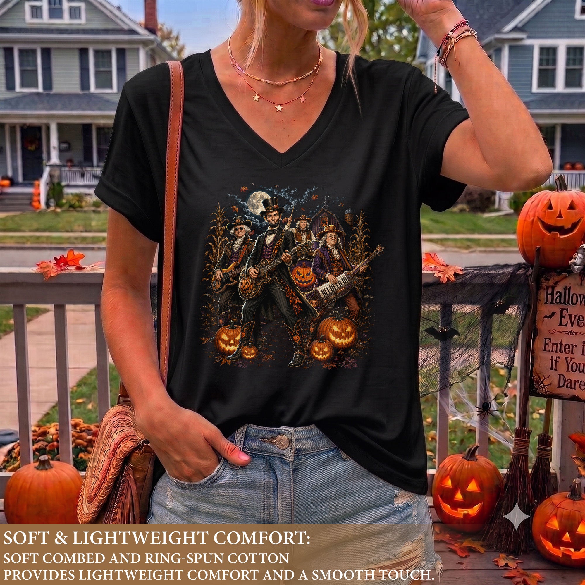 Lincoln Playing Guitar Halloween V-Neck Shirt Women Spooky Presidents Cornfield Tee