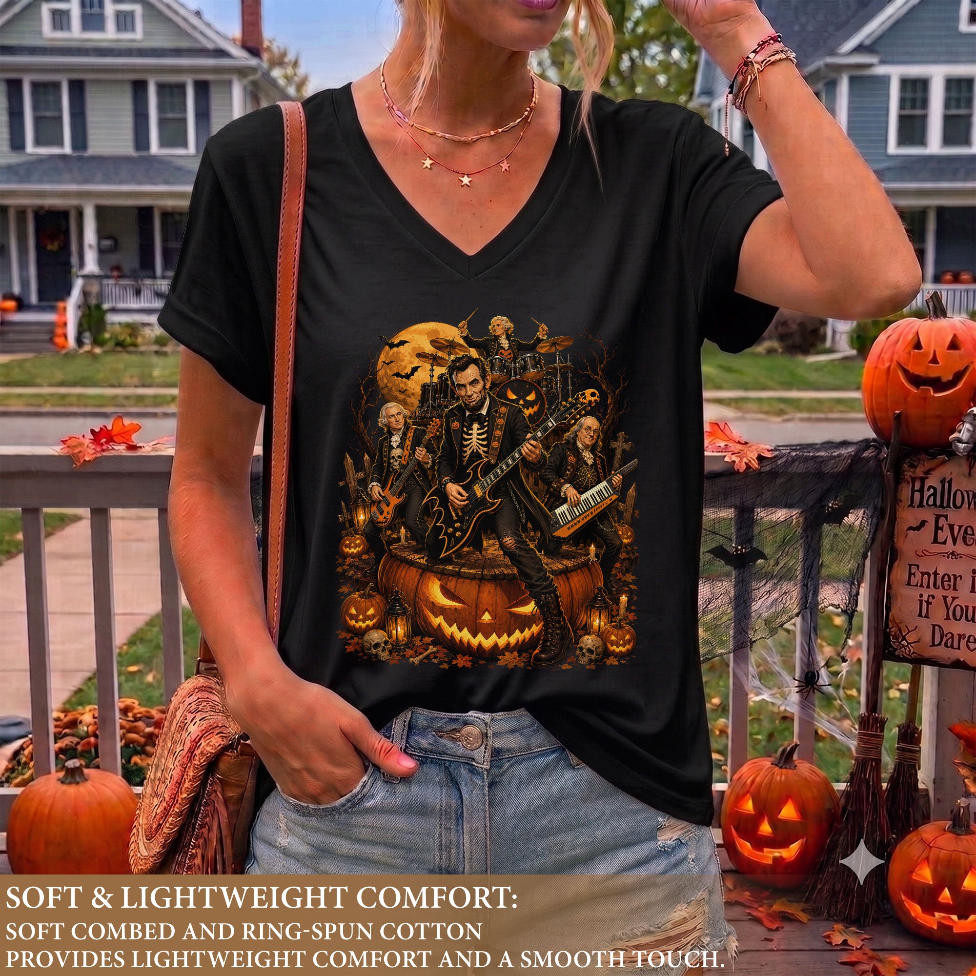 Lincoln Skeleton Guitar Halloween V-Neck Shirt Women Spooky Giant Pumpkin Band Tee