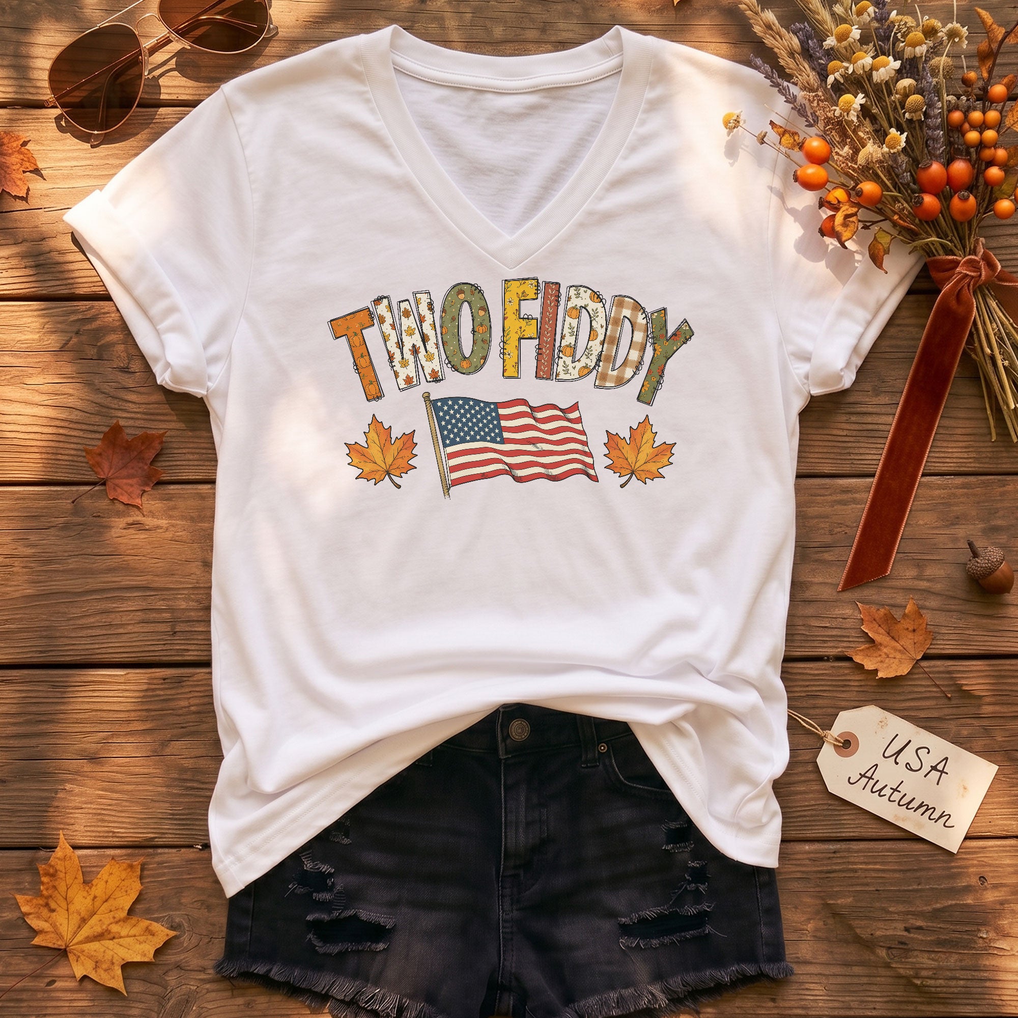 Two Fiddy Fall Flag Graphic V-Neck T-Shirt Patriotic Autumn Women's Casual Fashion Top