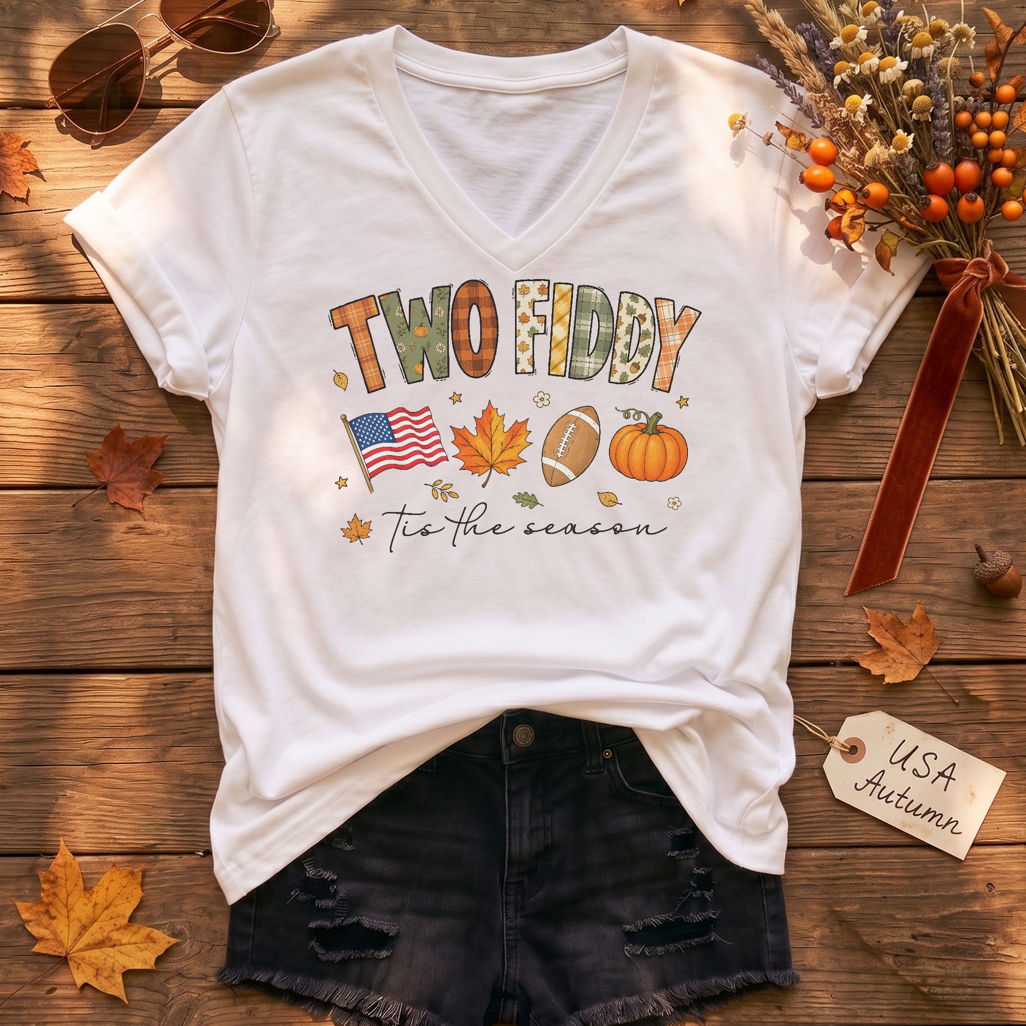 Two Fiddy Patriotic Fall Graphic V-Neck Shirt Seasonal USA Flag Women's Casual Wear