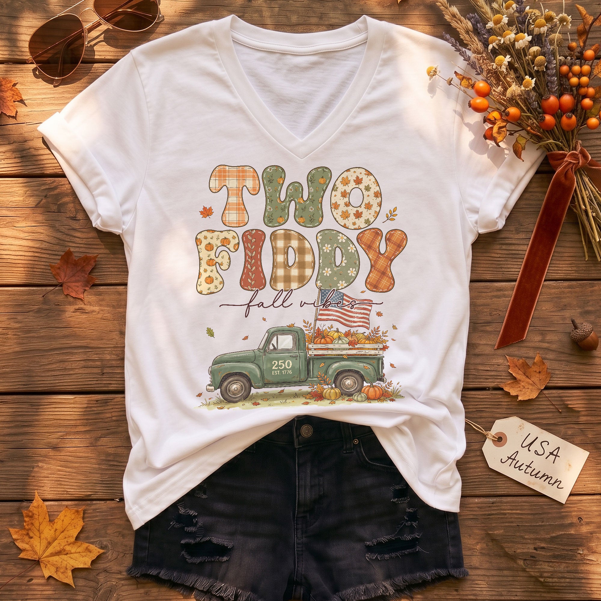 Two Fiddy Fall Vibes V-Neck Graphic T-Shirt Pumpkin Truck Patriotic Women's Casual Top