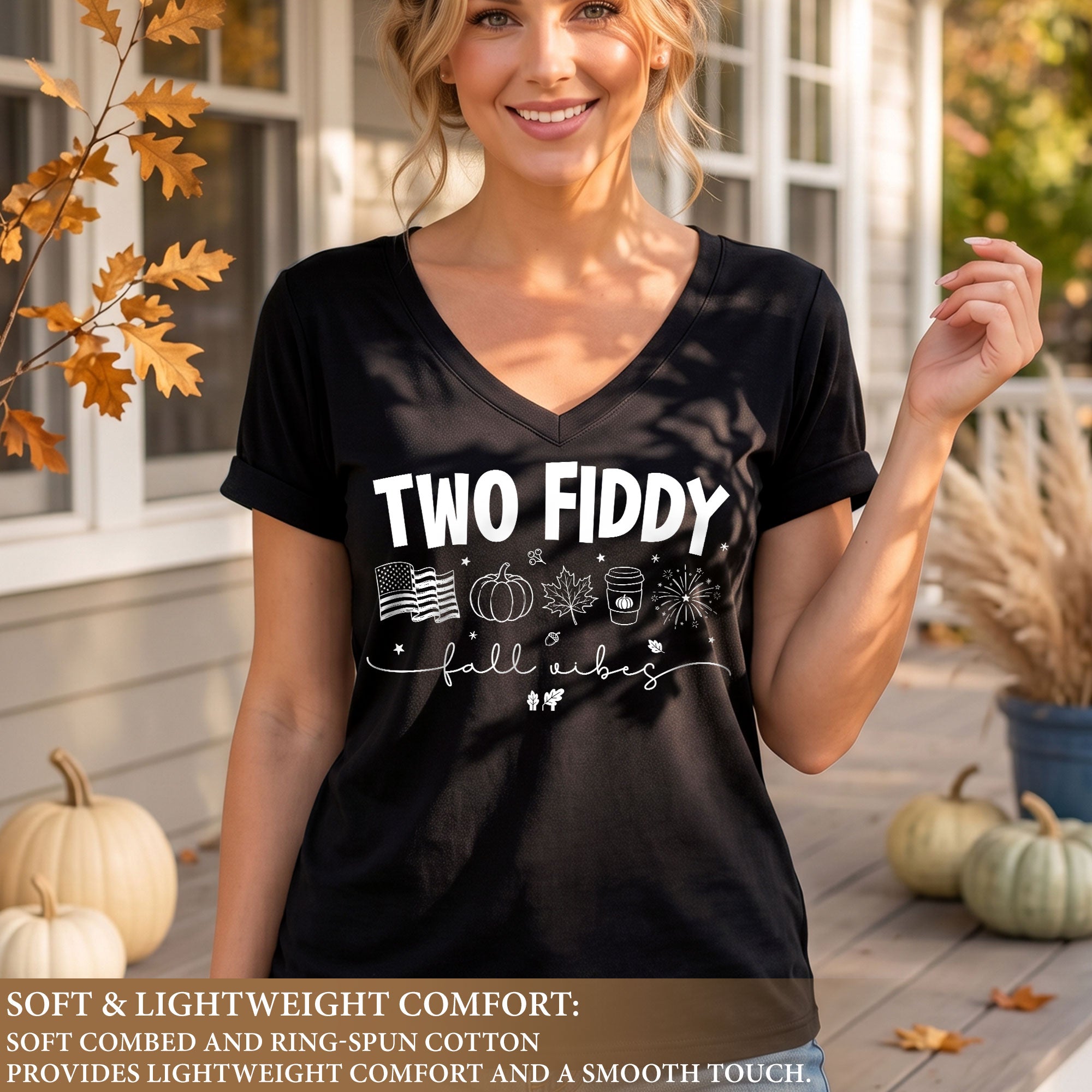 Seasonal Two Fiddy Graphic V-Neck Shirt USA Flag Fall Vibes Women's Casual Apparel
