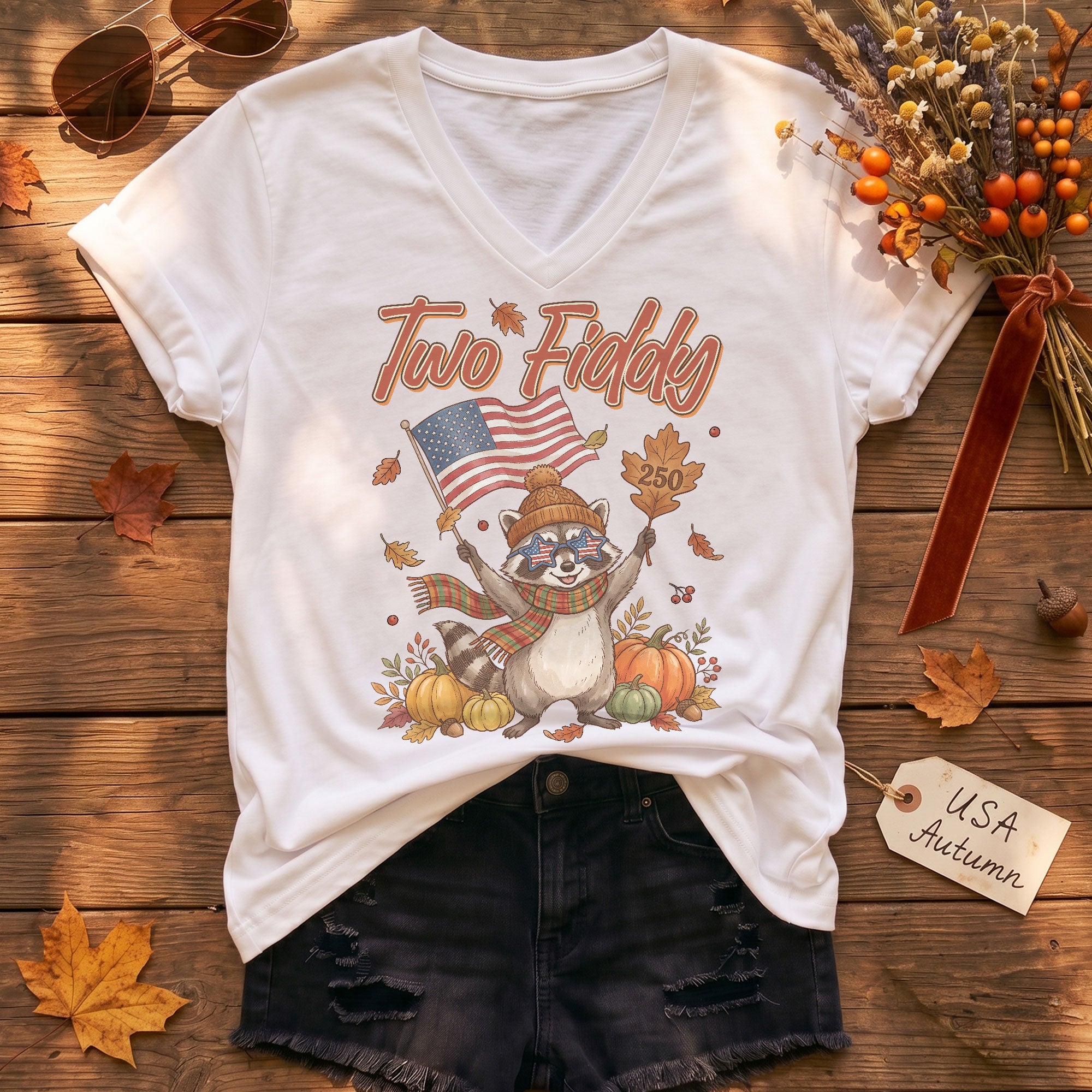 Two Fiddy Patriotic Raccoon V-Neck Graphic T-Shirt Fall Autumn Women's Casual Top