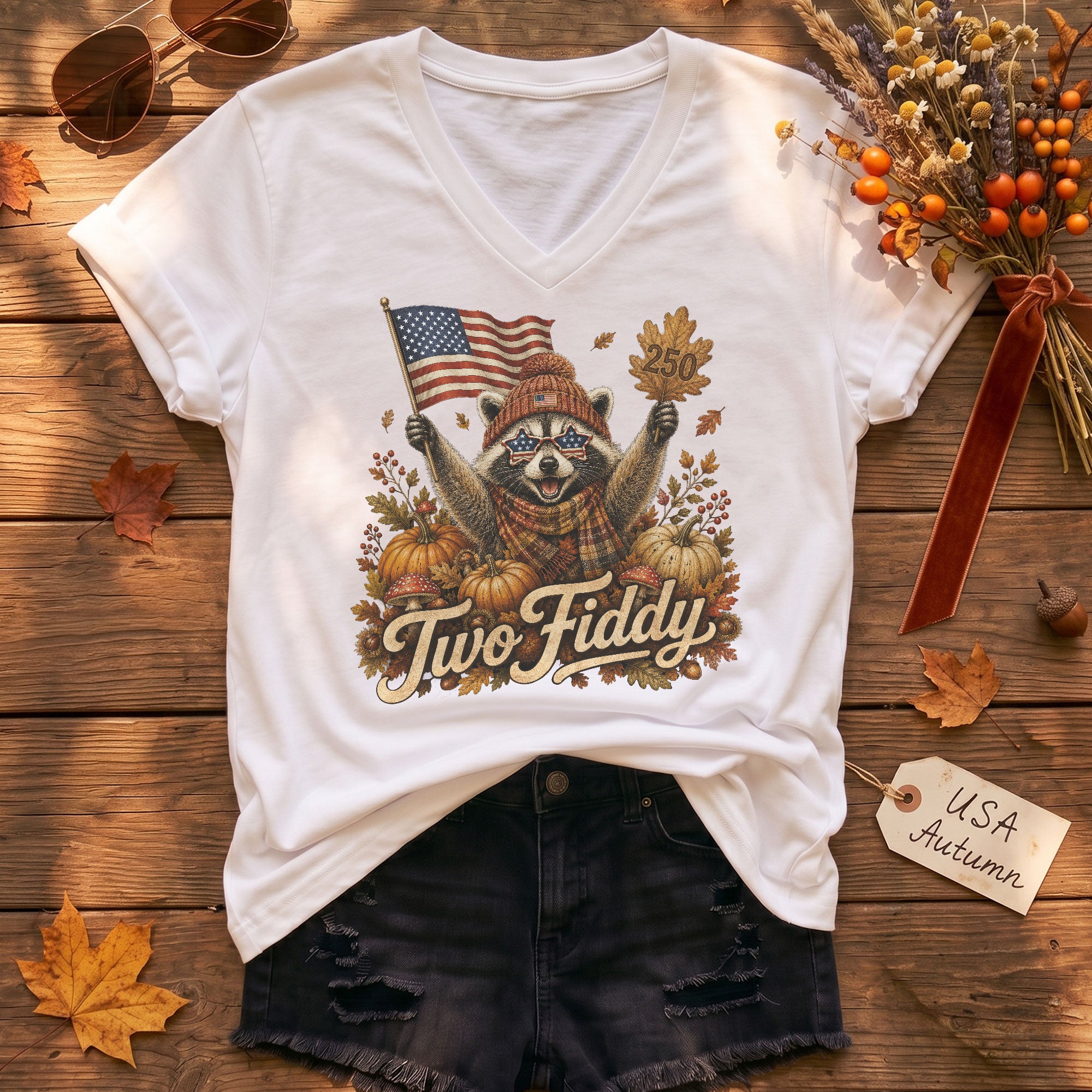 Autumn Seasonal Two Fiddy Graphic V-Neck Tee USA Flag Raccoon Women's Casual Style Shirt