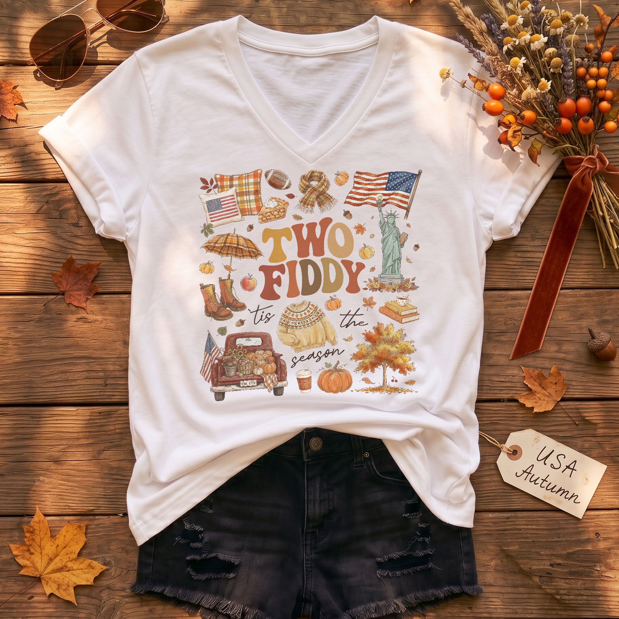 Two Fiddy Patriotic Autumn Graphic V-Neck T-Shirt Seasonal Women's Casual Style Shirt