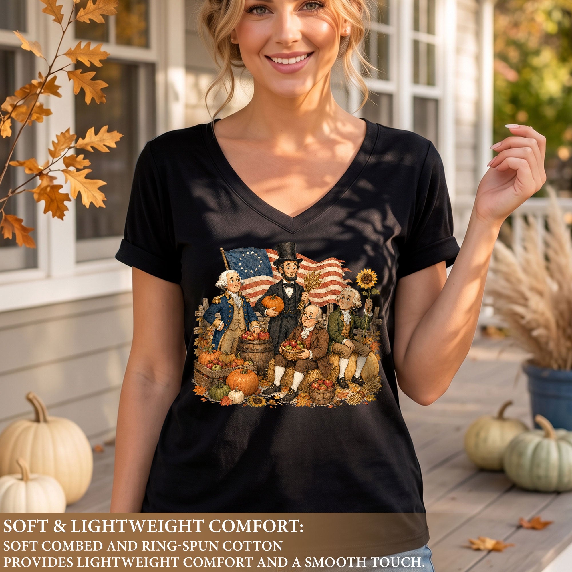 Patriotic Fall V-Neck Shirt Women Cute Presidents Harvest Pumpkin Autumn Graphic Tee