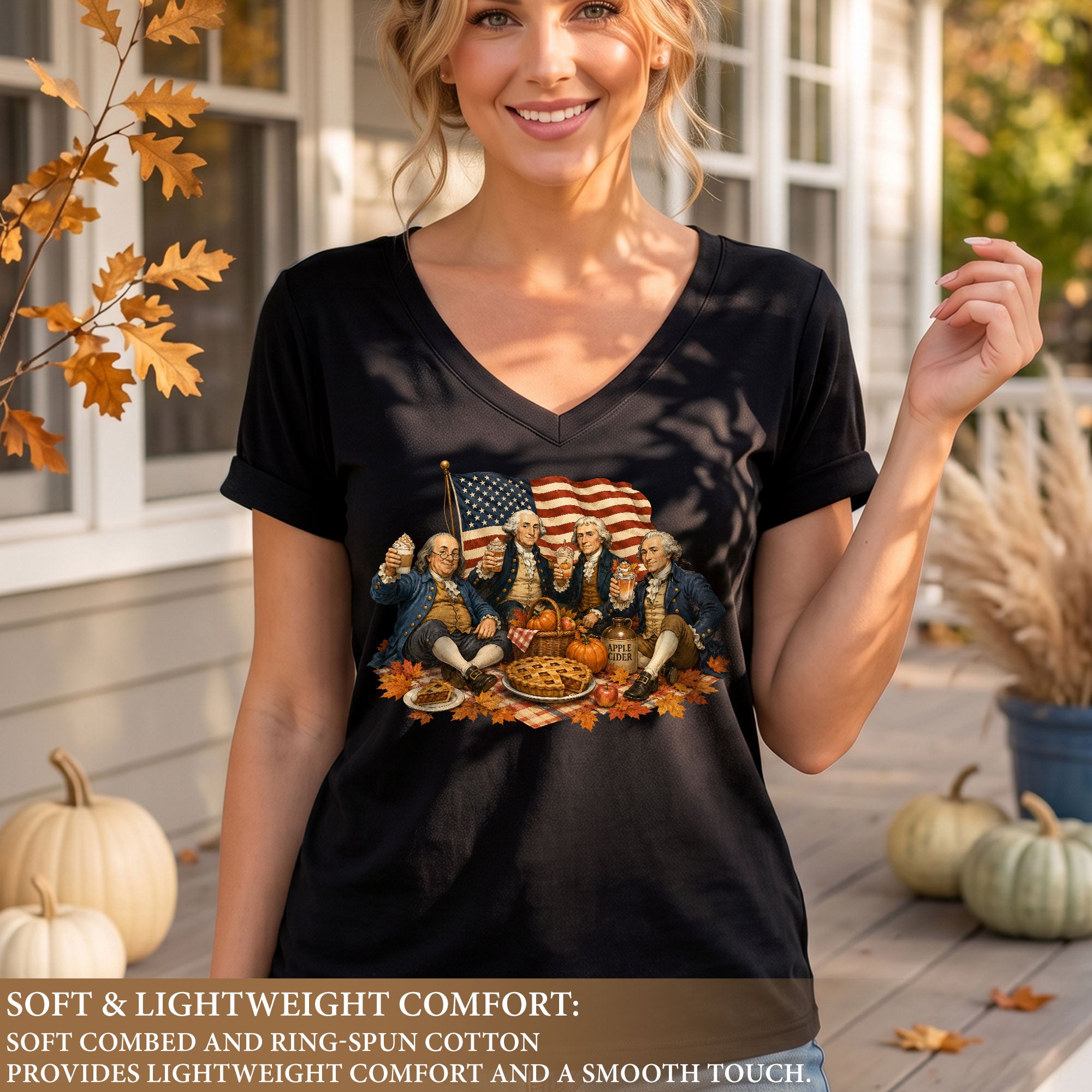 Patriotic Fall V-Neck Shirt Women Cute Founding Fathers Picnic Pumpkin Pie Graphic Tee