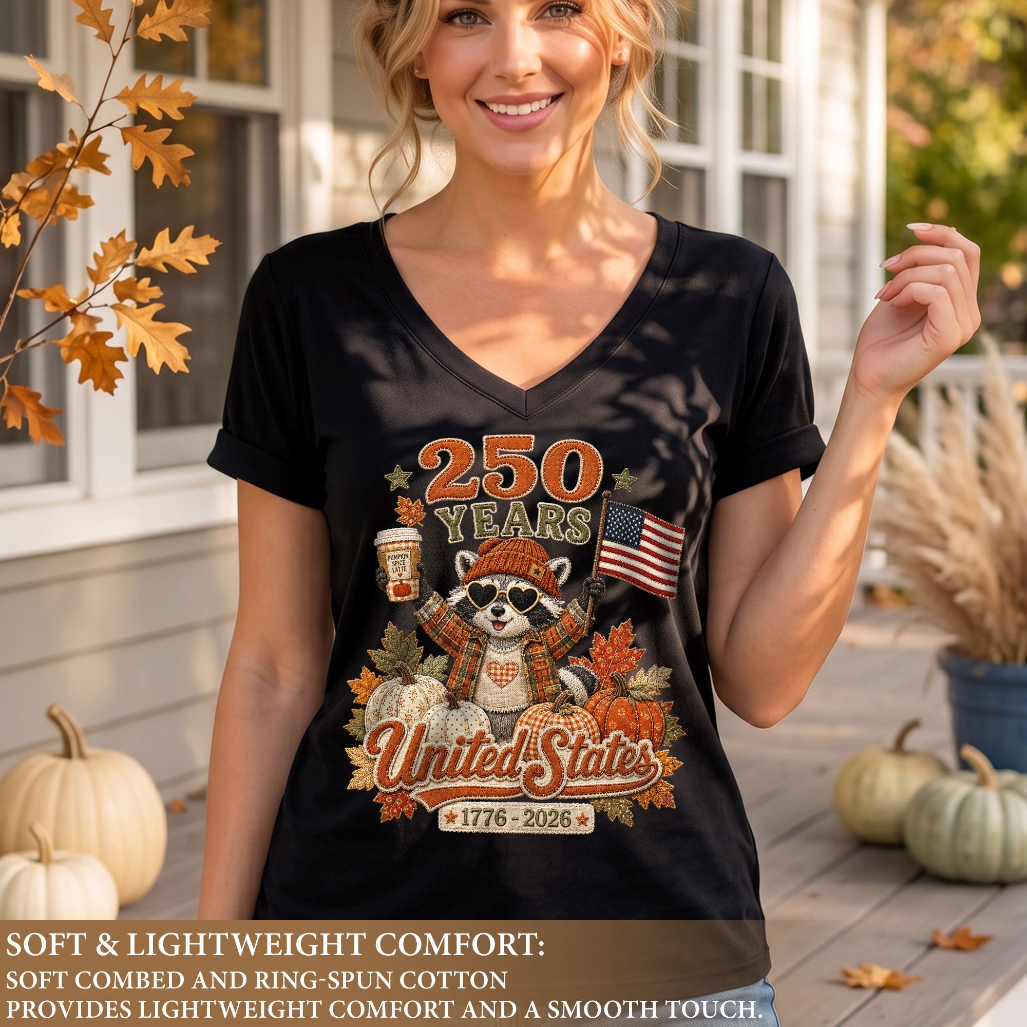 Cute Raccoon Fall V-Neck Shirt Women Spooky Pumpkin Spice Latte Patriotic United States