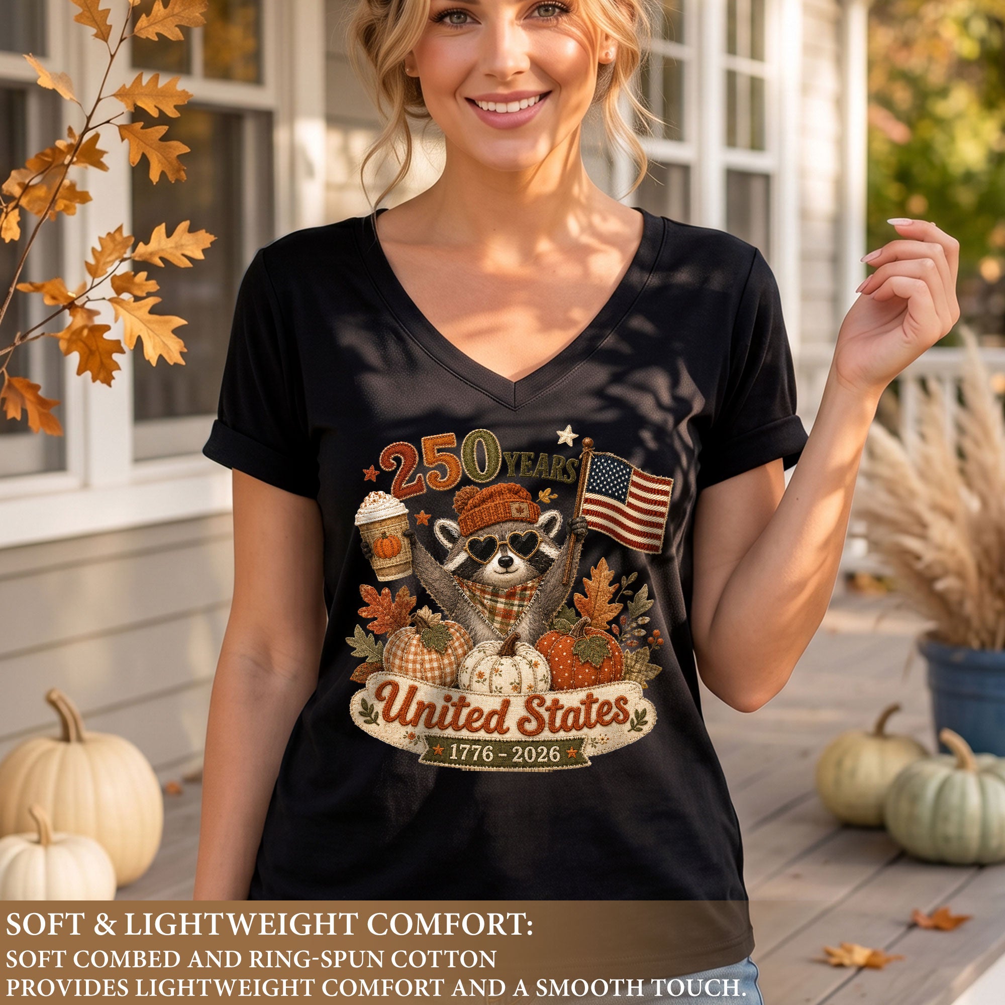 Patriotic Raccoon Fall V-Neck Shirt Women Cute United States Flag Pumpkin Autumn Tee