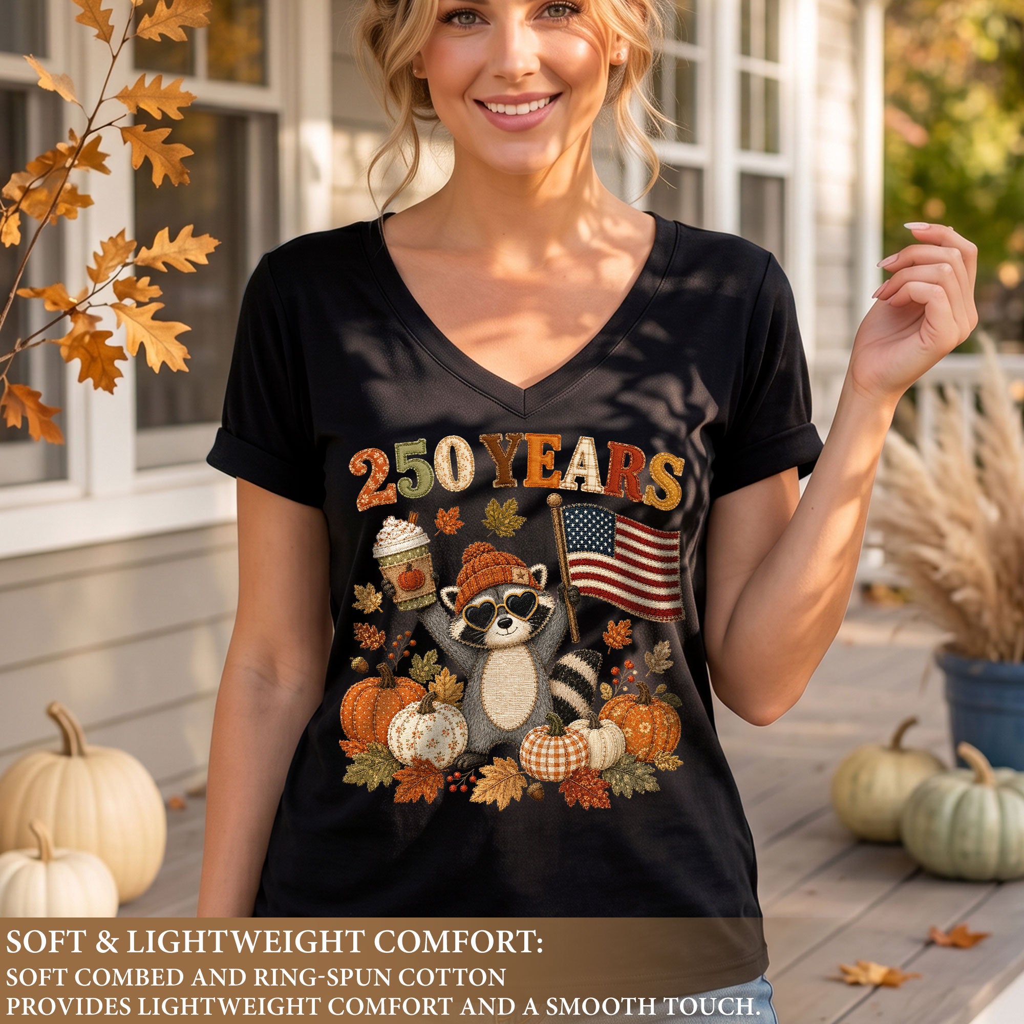 Cute Raccoon Fall V-Neck Shirt Women Pumpkin Spice Latte Patriotic American Flag Tee