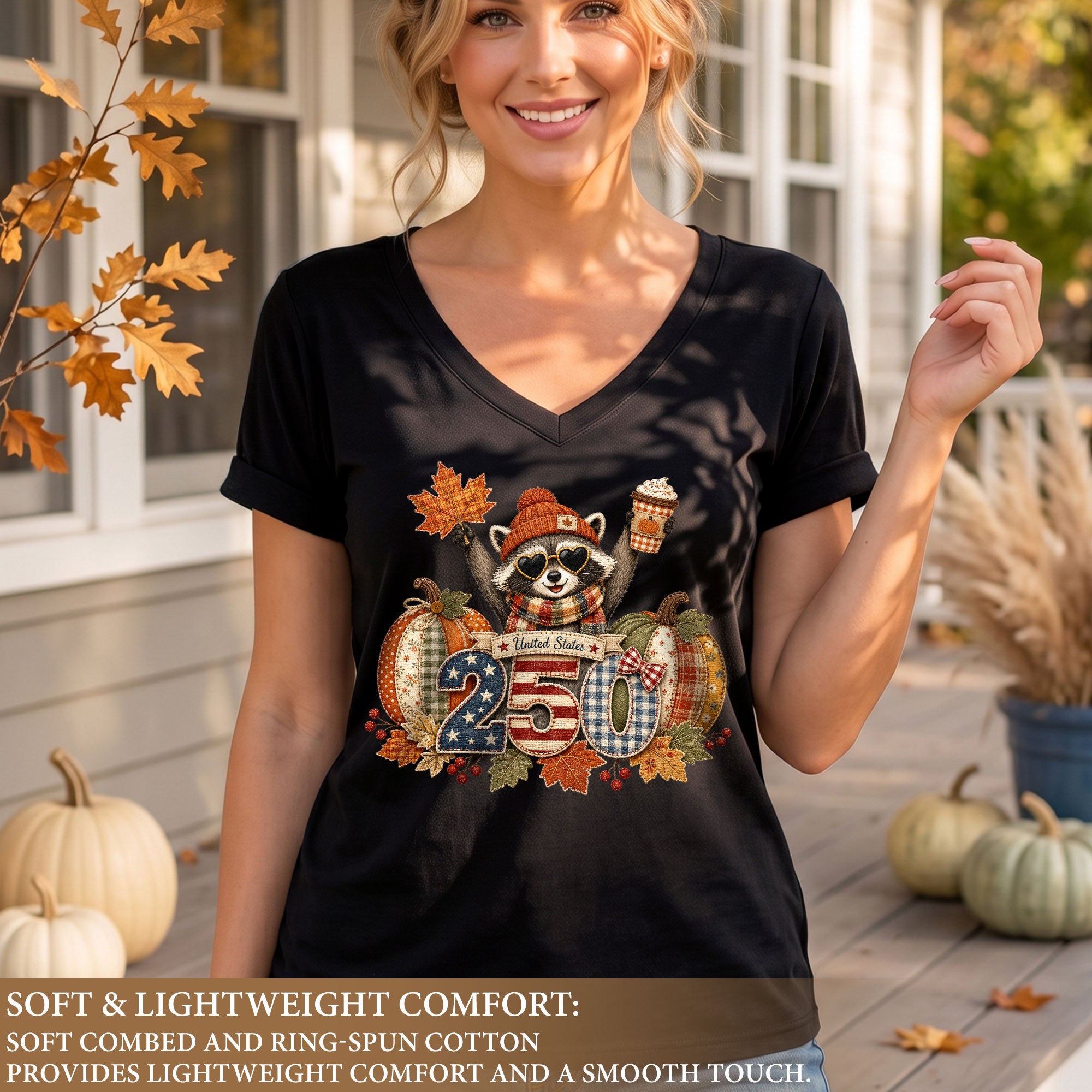 Patriotic Raccoon Fall V-Neck Shirt Women Cute Country Pumpkin Autumn Flag Graphic Tee