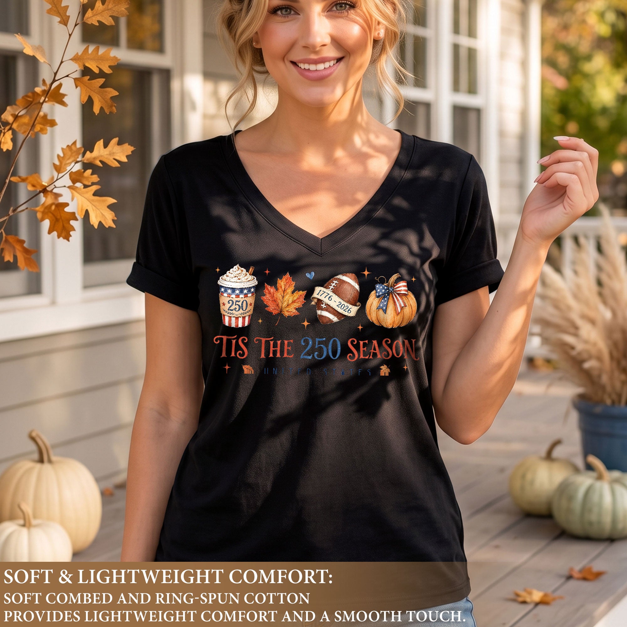 Patriotic Fall Football V-Neck Shirt Women Spooky Pumpkin Spice Latte United States Tee