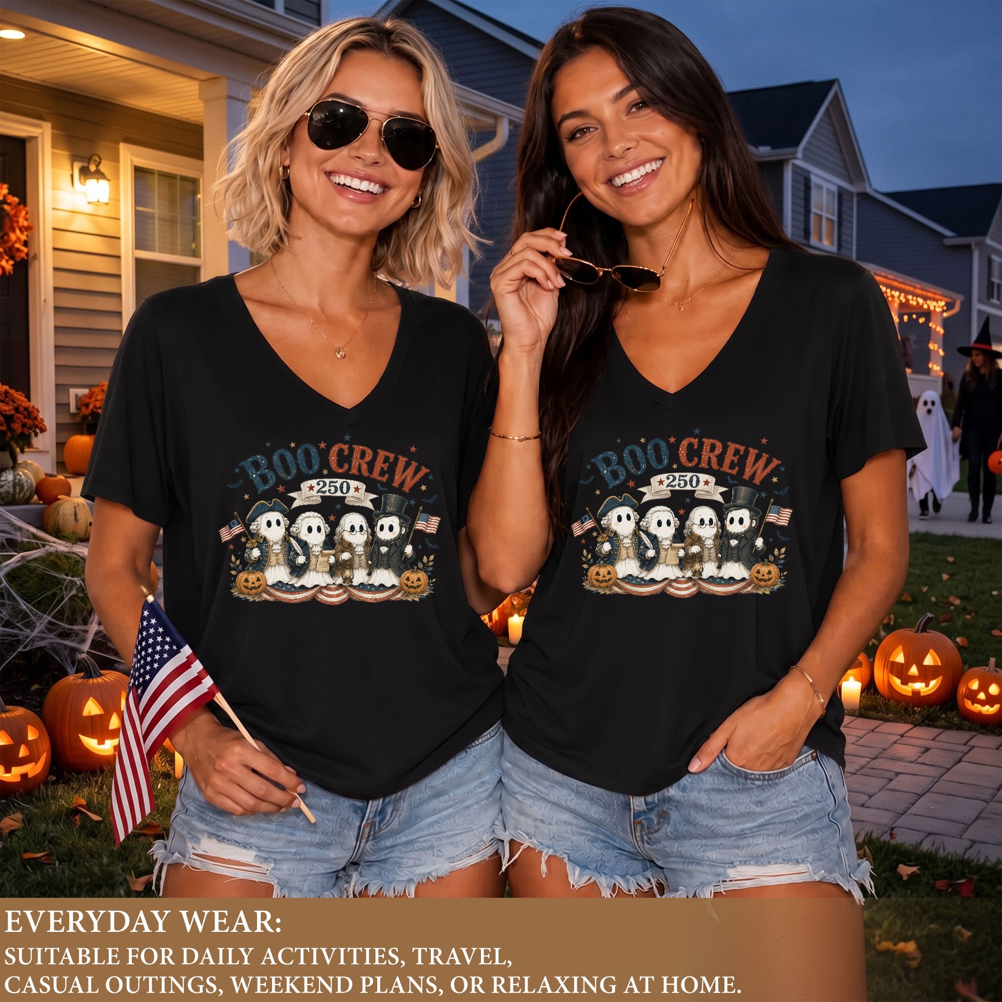 Patriotic Boo Crew Halloween V-Neck Shirt Women Cute Ghost Historical Figures Tee